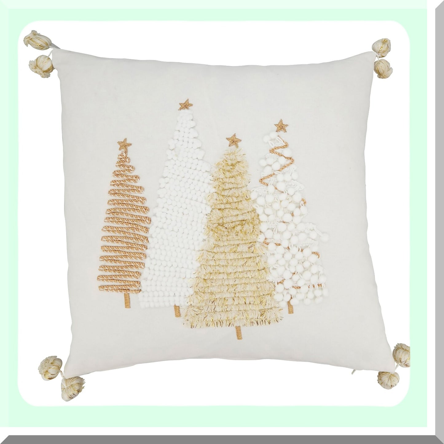 Golden Festive Pom-Pom Trim Holiday Trees Pillow Cover - 18"