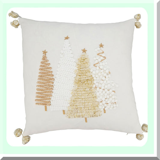Golden Festive Pom-Pom Trim Holiday Trees Pillow Cover - 18"