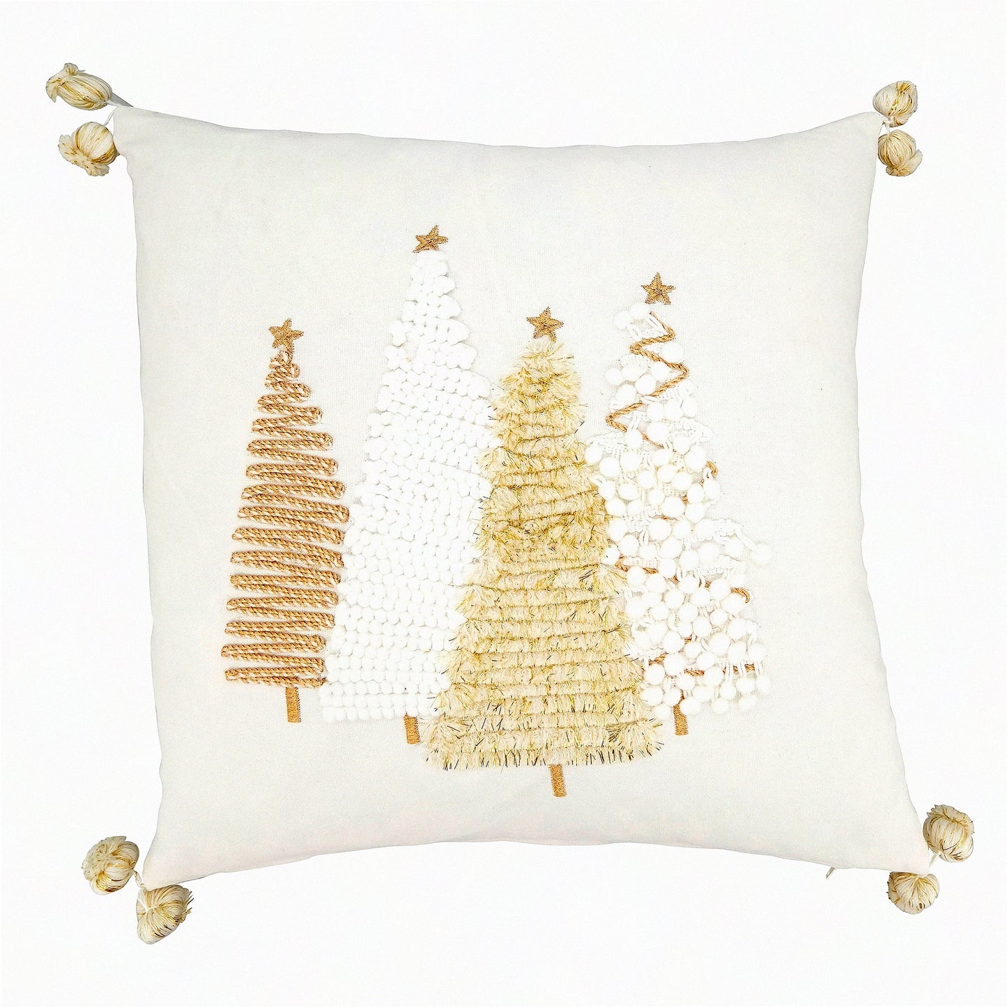 Golden Festive Pom-Pom Trim Holiday Trees Pillow Cover - 18"