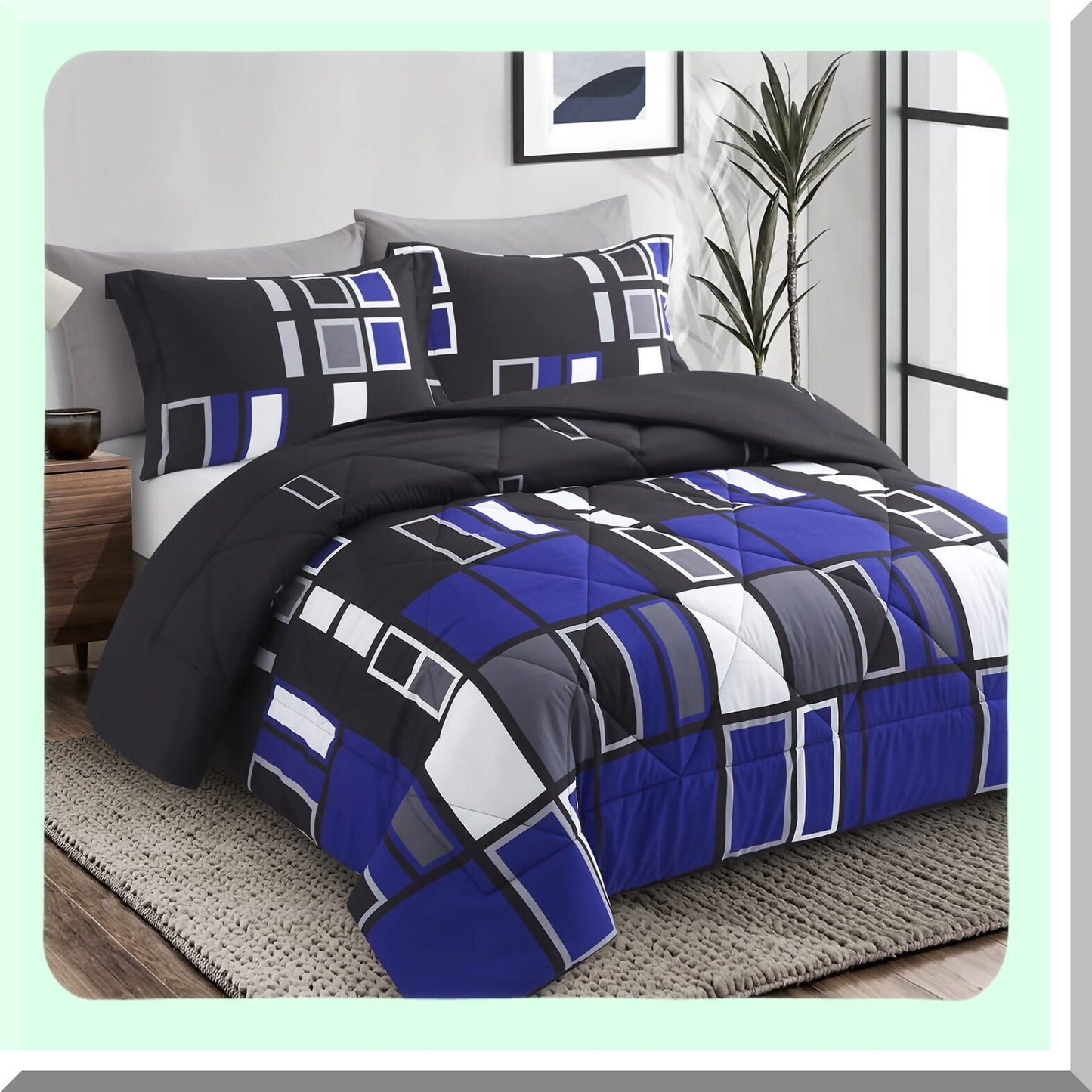 Plaid Comforter Set - Twin Size - Blue Gray Black - Lightweight Bedding - Microfiber - 2 Pieces - 1 Sham - Patterned Bed Set