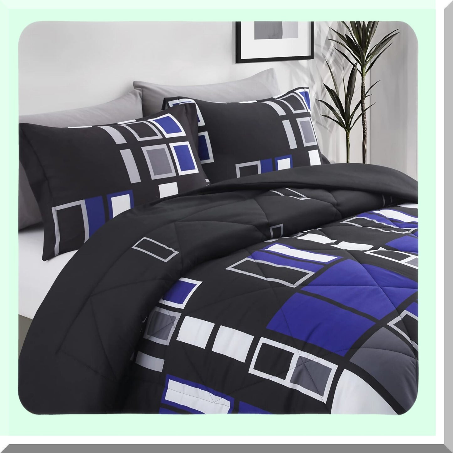 Plaid Comforter Set - Twin Size - Blue Gray Black - Lightweight Bedding - Microfiber - 2 Pieces - 1 Sham - Patterned Bed Set