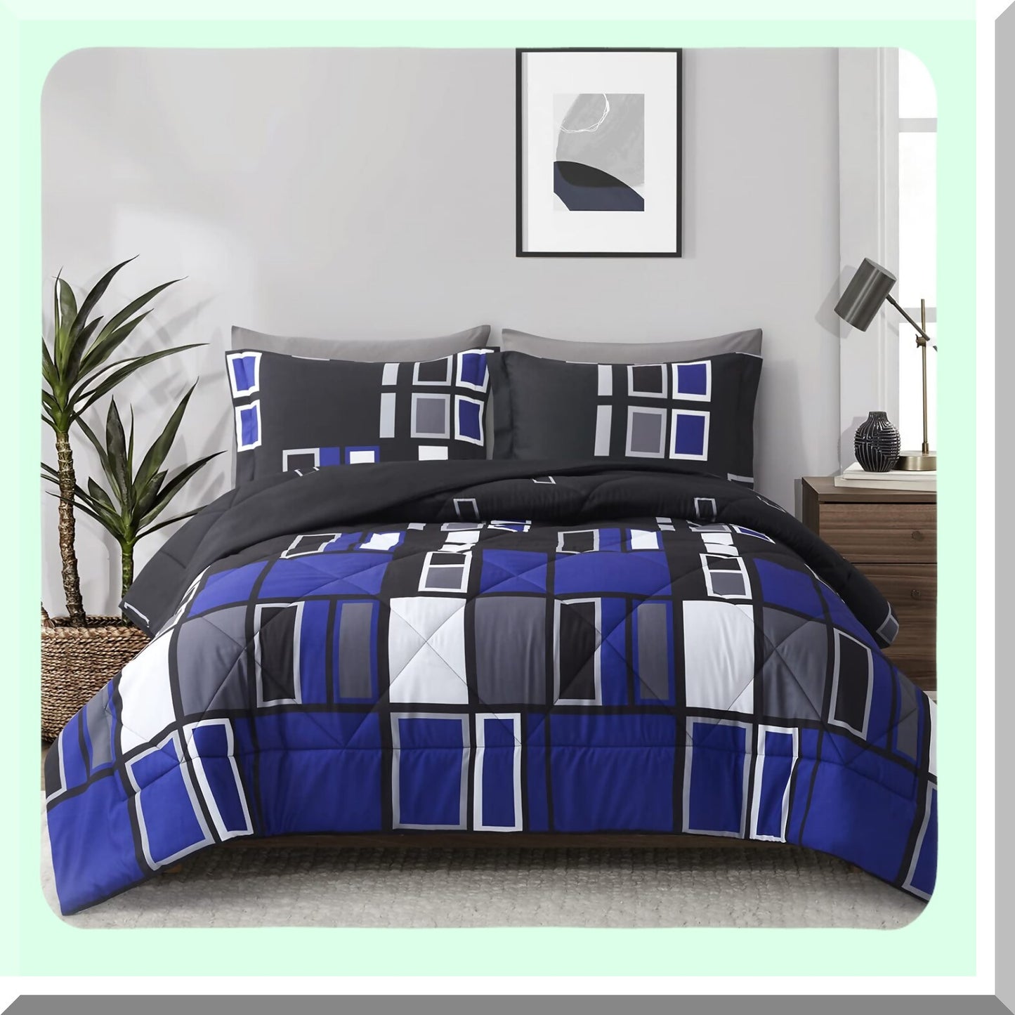 Plaid Comforter Set - Twin Size - Blue Gray Black - Lightweight Bedding - Microfiber - 2 Pieces - 1 Sham - Patterned Bed Set
