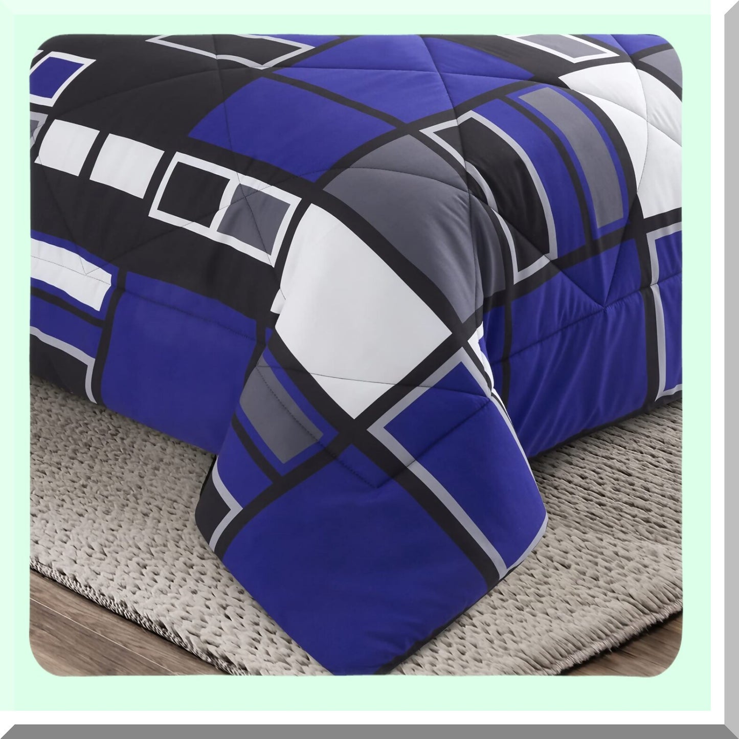 Plaid Comforter Set - Twin Size - Blue Gray Black - Lightweight Bedding - Microfiber - 2 Pieces - 1 Sham - Patterned Bed Set