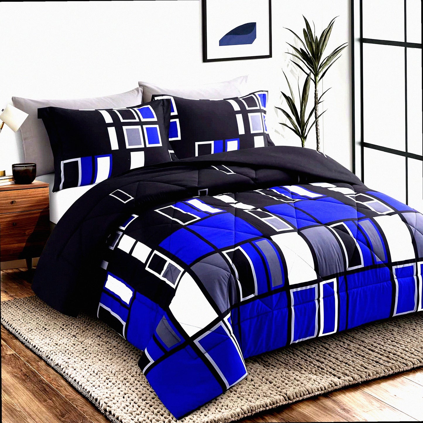 Plaid Comforter Set - Twin Size - Blue Gray Black - Lightweight Bedding - Microfiber - 2 Pieces - 1 Sham - Patterned Bed Set