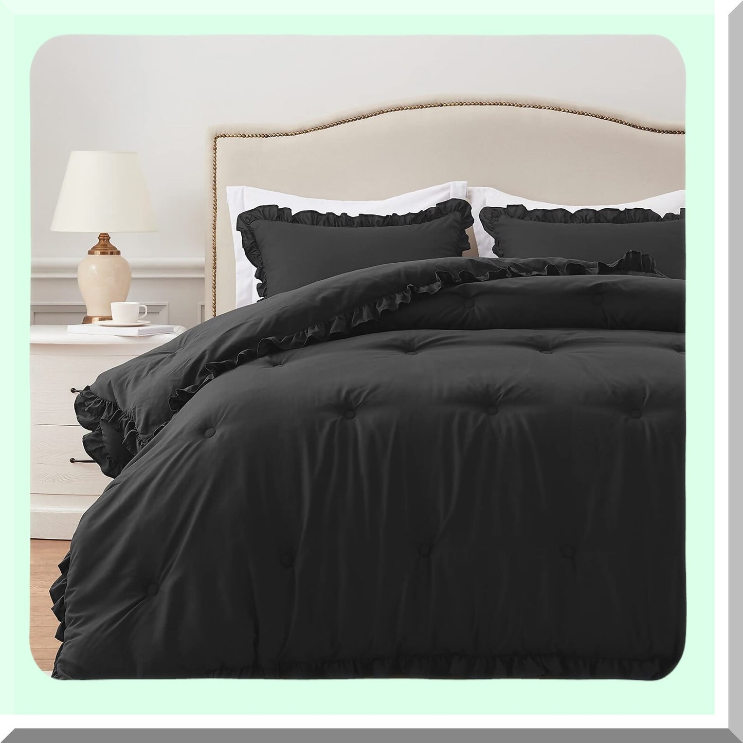 Black Ruffle Twin Comforter Set - Lightweight All Seasons Bedding - Shabby Chic 2 Piece Comforter & Pillow Sham - Twin Size Comforter Set
