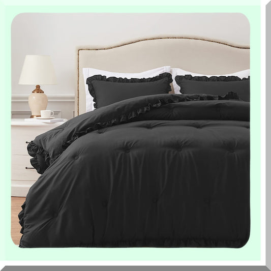 Black Ruffle Twin Comforter Set - Lightweight All Seasons Bedding - Shabby Chic 2 Piece Comforter & Pillow Sham - Twin Size Comforter Set