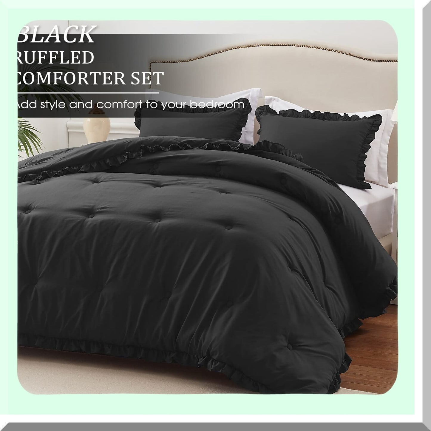 Black Ruffle Twin Comforter Set - Lightweight All Seasons Bedding - Shabby Chic 2 Piece Comforter & Pillow Sham - Twin Size Comforter Set