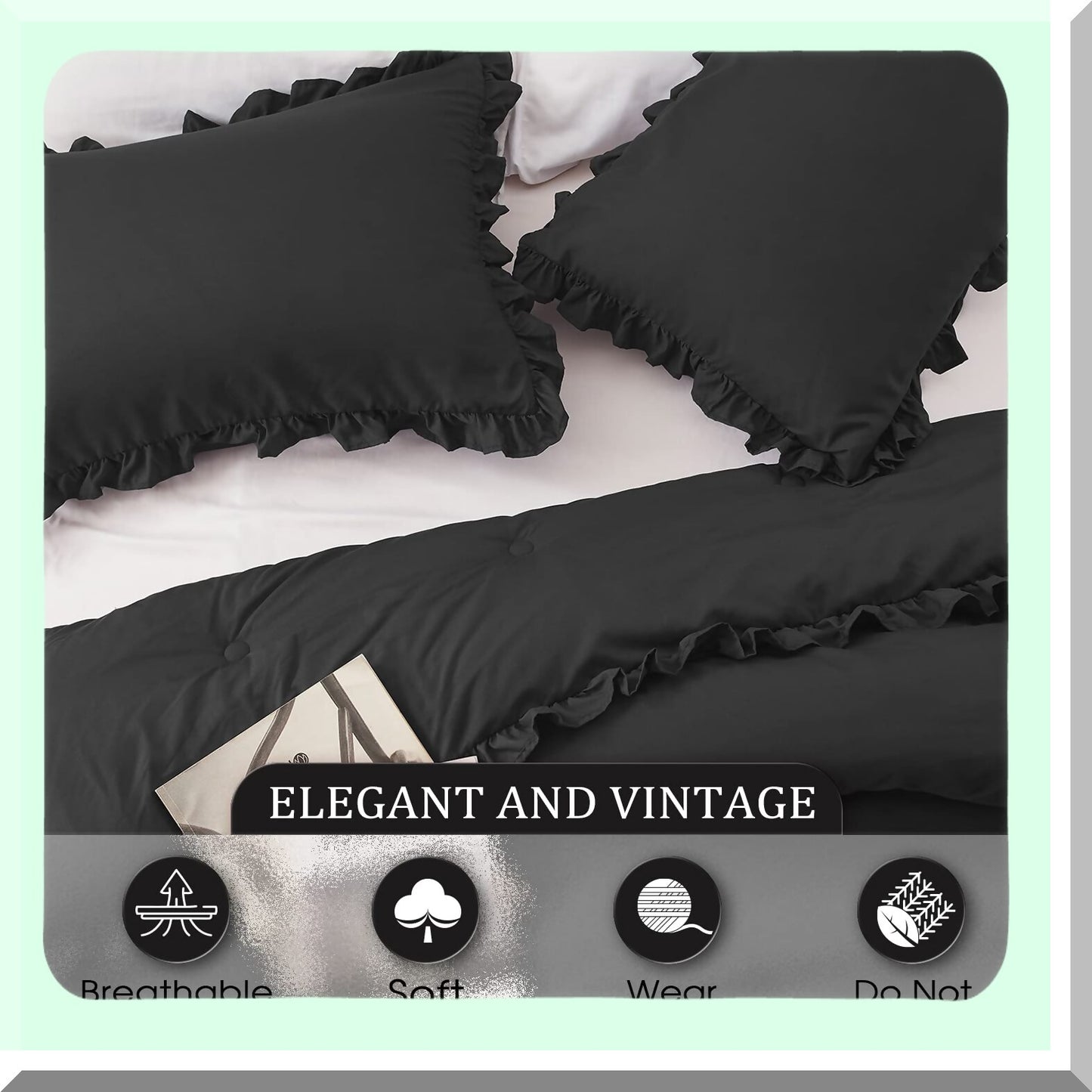 Black Ruffle Twin Comforter Set - Lightweight All Seasons Bedding - Shabby Chic 2 Piece Comforter & Pillow Sham - Twin Size Comforter Set
