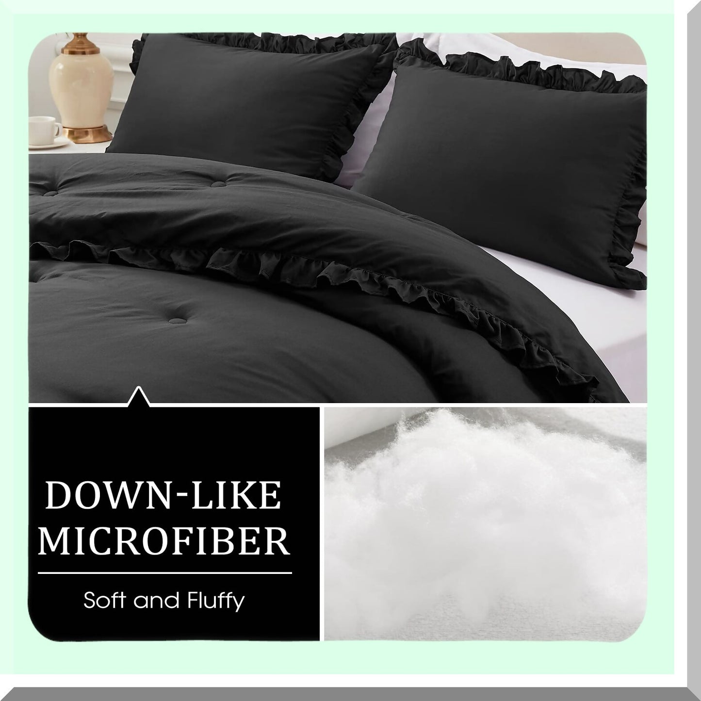 Black Ruffle Twin Comforter Set - Lightweight All Seasons Bedding - Shabby Chic 2 Piece Comforter & Pillow Sham - Twin Size Comforter Set