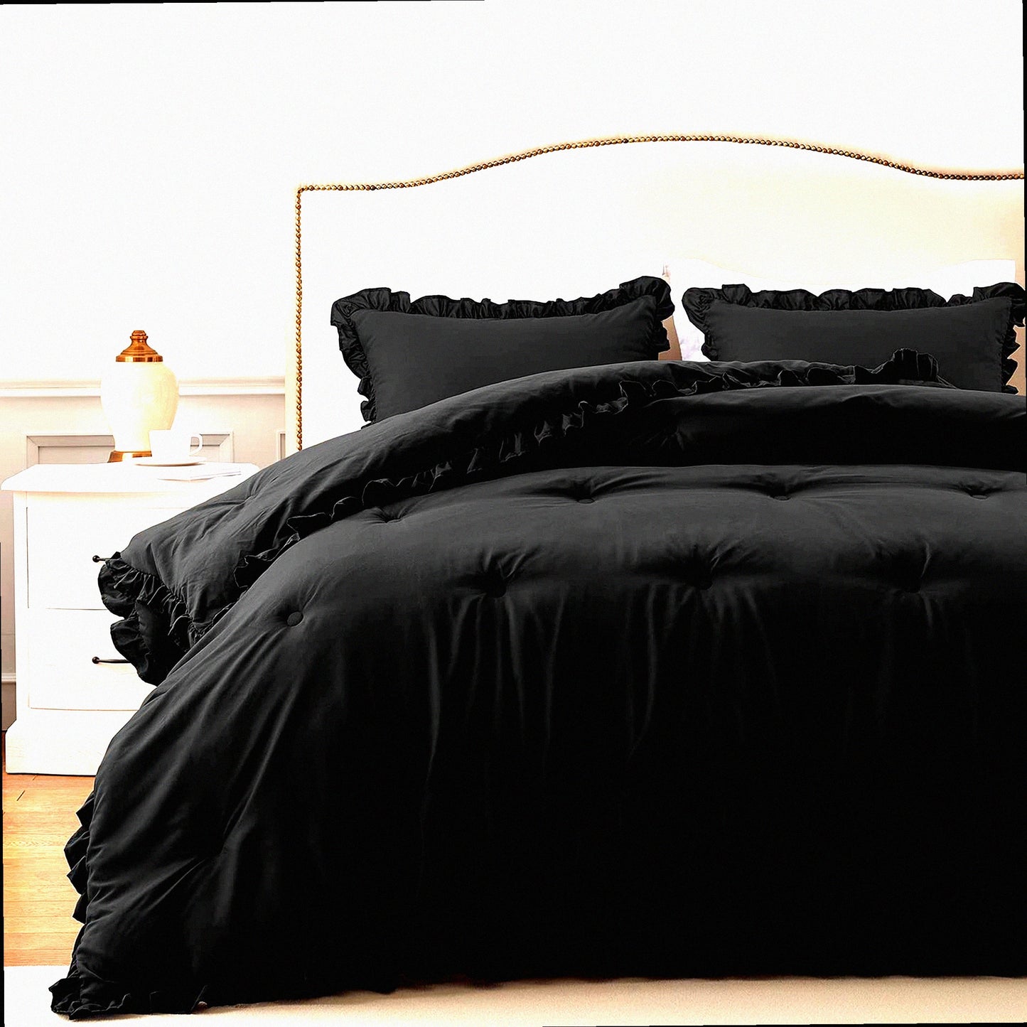 Black Ruffle Twin Comforter Set - Lightweight All Seasons Bedding - Shabby Chic 2 Piece Comforter & Pillow Sham - Twin Size Comforter Set