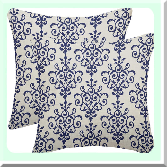 Boho Blue Ethnic Pillowcase Set - Vintage Linen Cushion Covers for Home Decor - Farmhouse Throw Pillows 18X18 Inch - Outdoor Sofa Bed Accessories