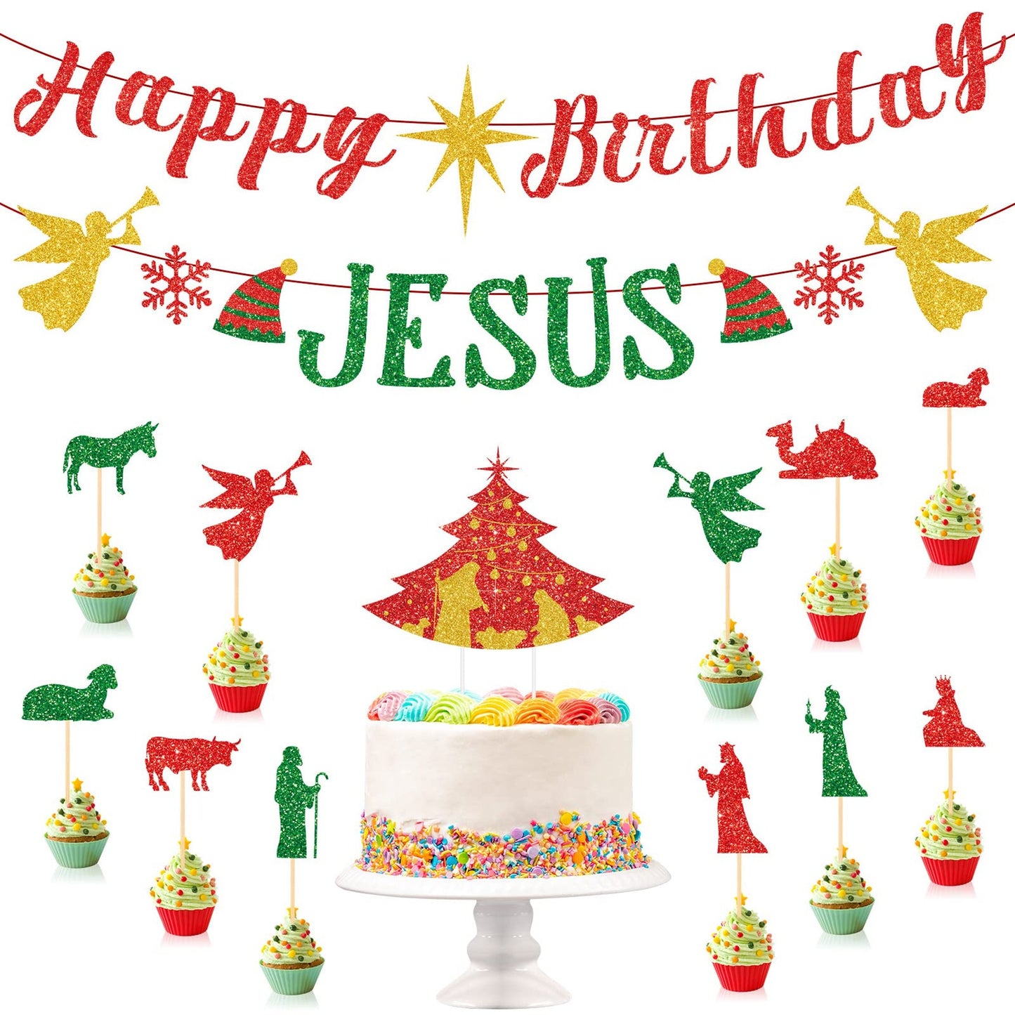 Jesus Birthday Celebration Set: Banner, Cupcake Topper, Cake Topper, Garland - Red Glitter Nativity Scene Religious Party Decorations 11 Pcs