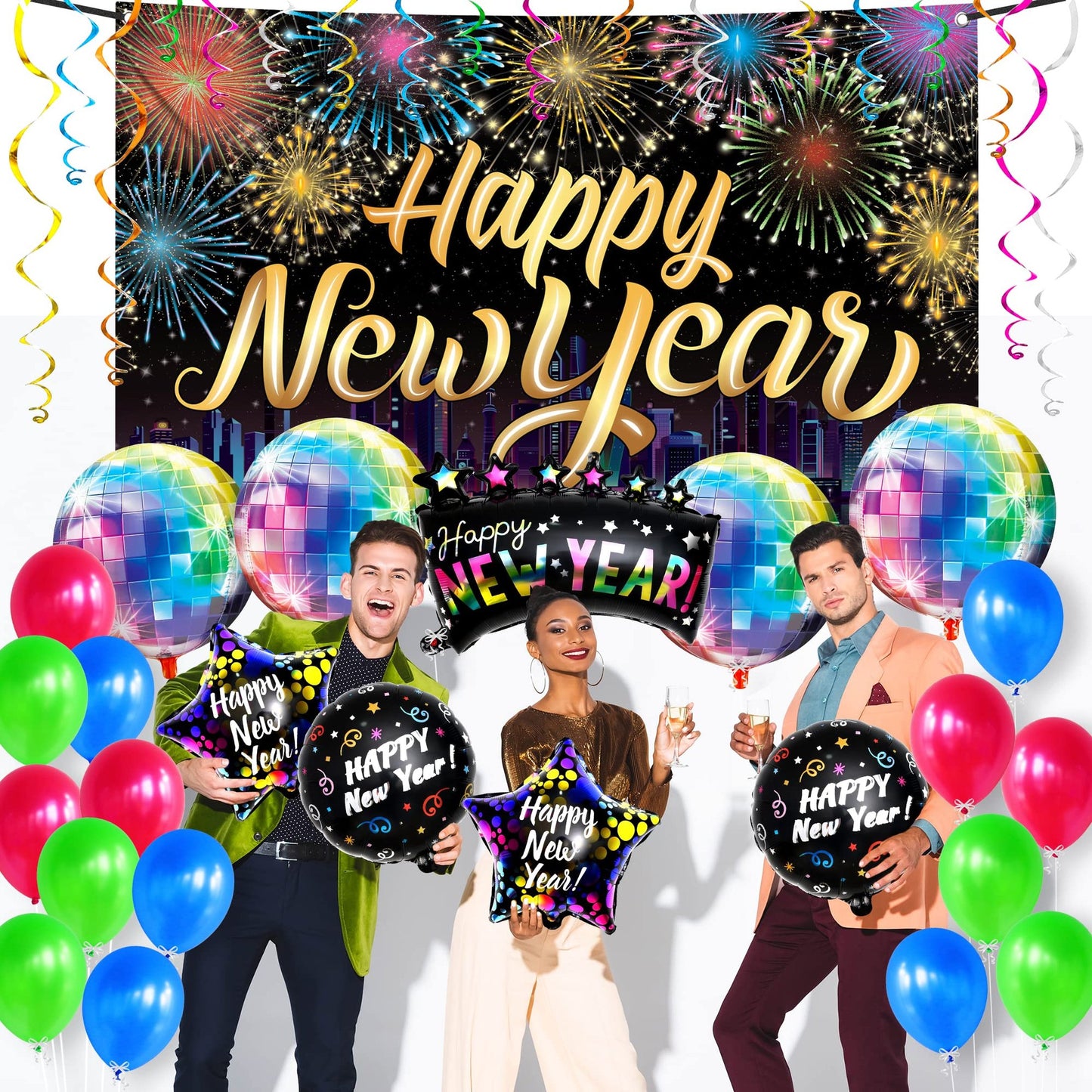 Neon Disco New Year Party Pack - 43 Balloons, Happy New Year Banner, Colorful Decorations 2024 - Eve Supplies for Huge Celebration