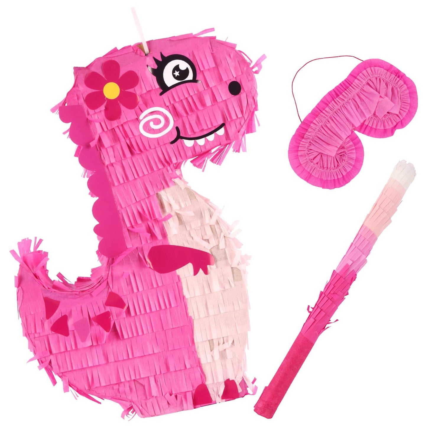 Jurassic Party Pinata - Pink T-Rex Dino Fun Pack for Birthdays and Celebrations - Includes Blindfold and Baton - Perfect for Dinosaur Themed Parties