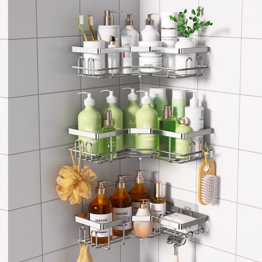 Corner Shower Caddy 3 Pack Silver with Hooks and Soap Dish