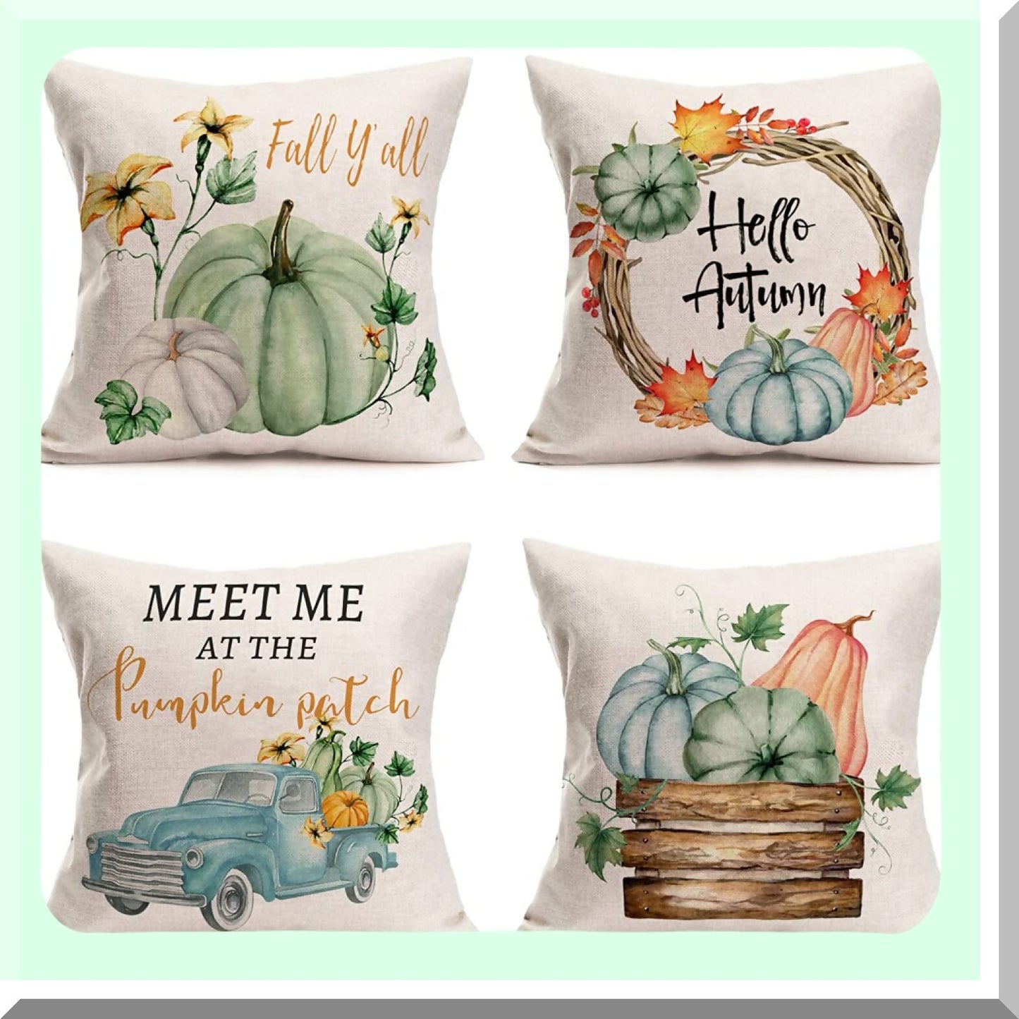 Autumn Harvest Maple Leaf Flower Throw Pillow Covers - Set of 4 Rustic Farmhouse Decorations - Thanksgiving Cotton Linen - Blue Truck Home Fall Decor - 22x22 Inch