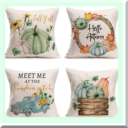 Autumn Harvest Maple Leaf Flower Throw Pillow Covers - Set of 4 Rustic Farmhouse Decorations - Thanksgiving Cotton Linen - Blue Truck Home Fall Decor - 22x22 Inch