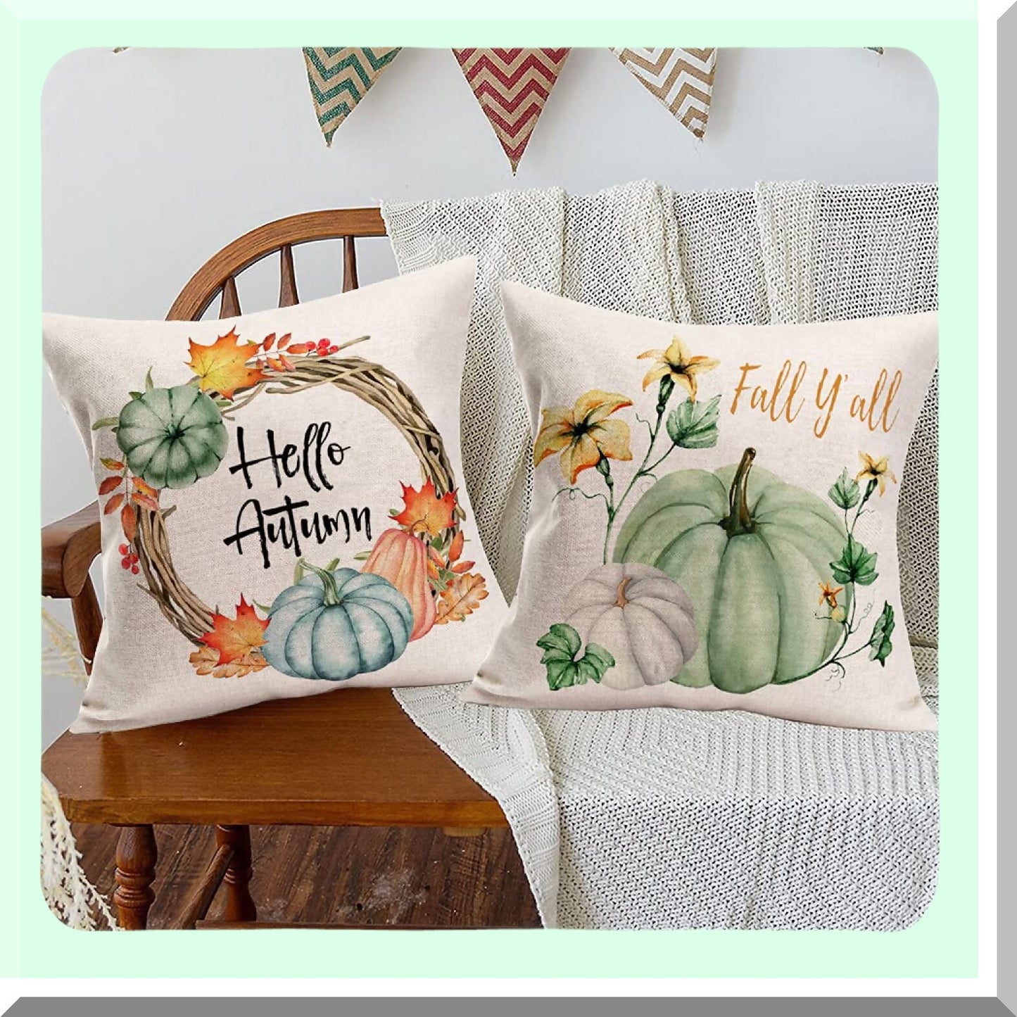 Autumn Harvest Maple Leaf Flower Throw Pillow Covers - Set of 4 Rustic Farmhouse Decorations - Thanksgiving Cotton Linen - Blue Truck Home Fall Decor - 22x22 Inch