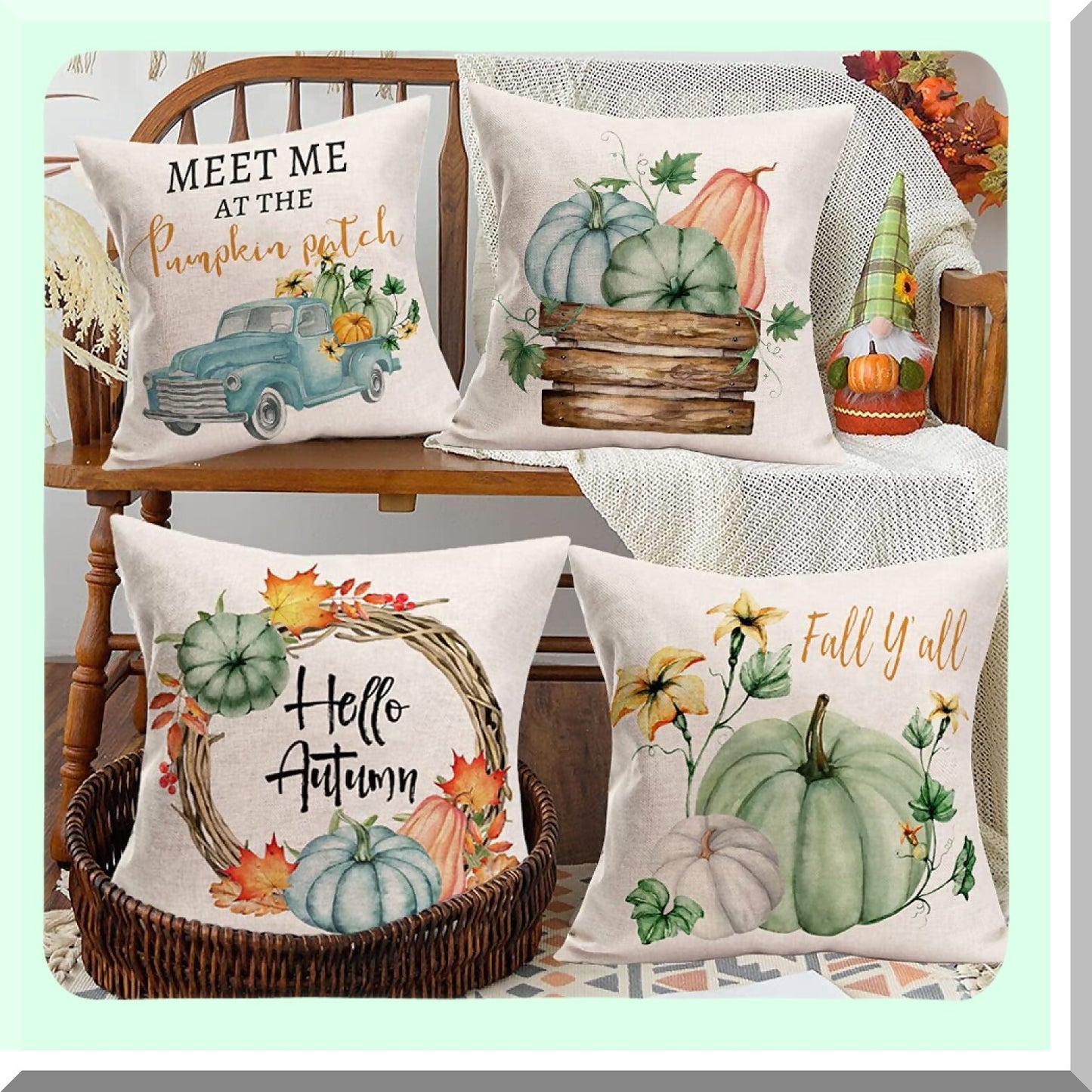 Autumn Harvest Maple Leaf Flower Throw Pillow Covers - Set of 4 Rustic Farmhouse Decorations - Thanksgiving Cotton Linen - Blue Truck Home Fall Decor - 22x22 Inch