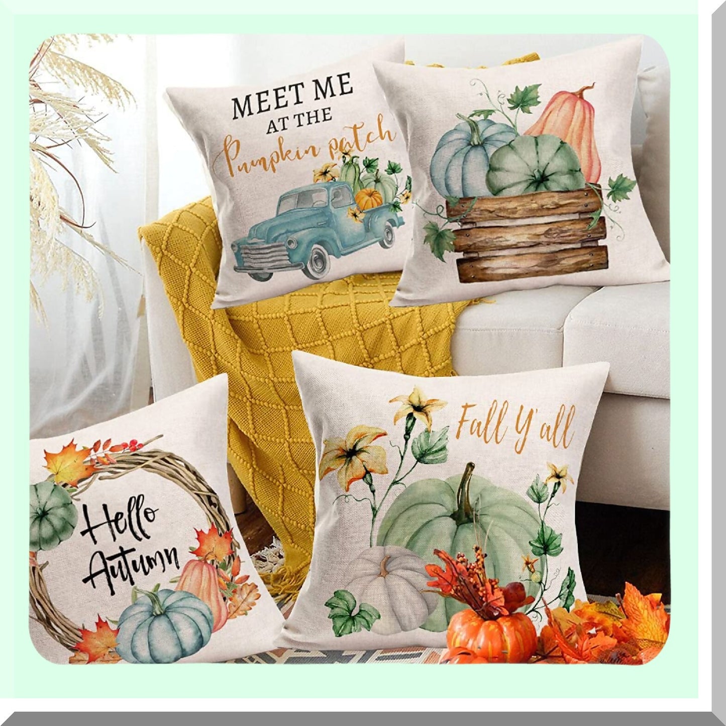 Autumn Harvest Maple Leaf Flower Throw Pillow Covers - Set of 4 Rustic Farmhouse Decorations - Thanksgiving Cotton Linen - Blue Truck Home Fall Decor - 22x22 Inch