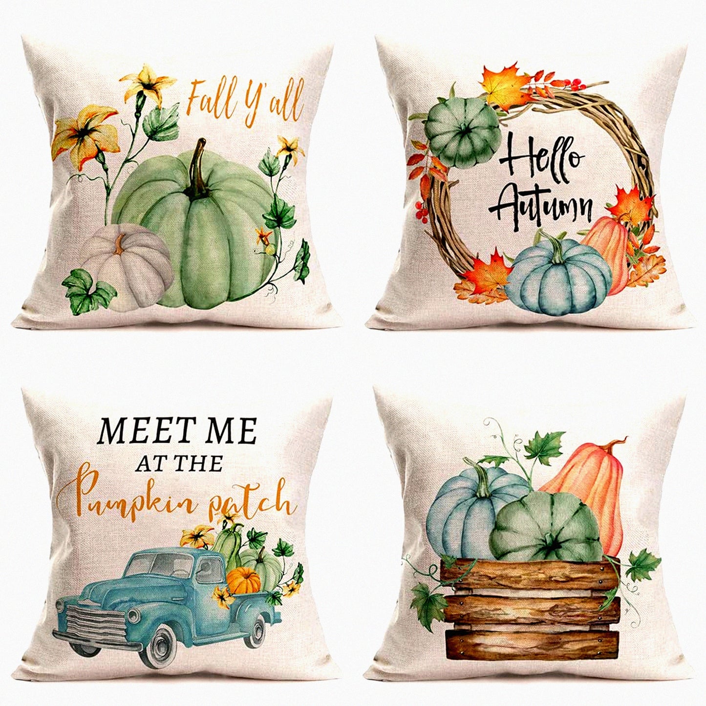 Autumn Harvest Maple Leaf Flower Throw Pillow Covers - Set of 4 Rustic Farmhouse Decorations - Thanksgiving Cotton Linen - Blue Truck Home Fall Decor - 22x22 Inch