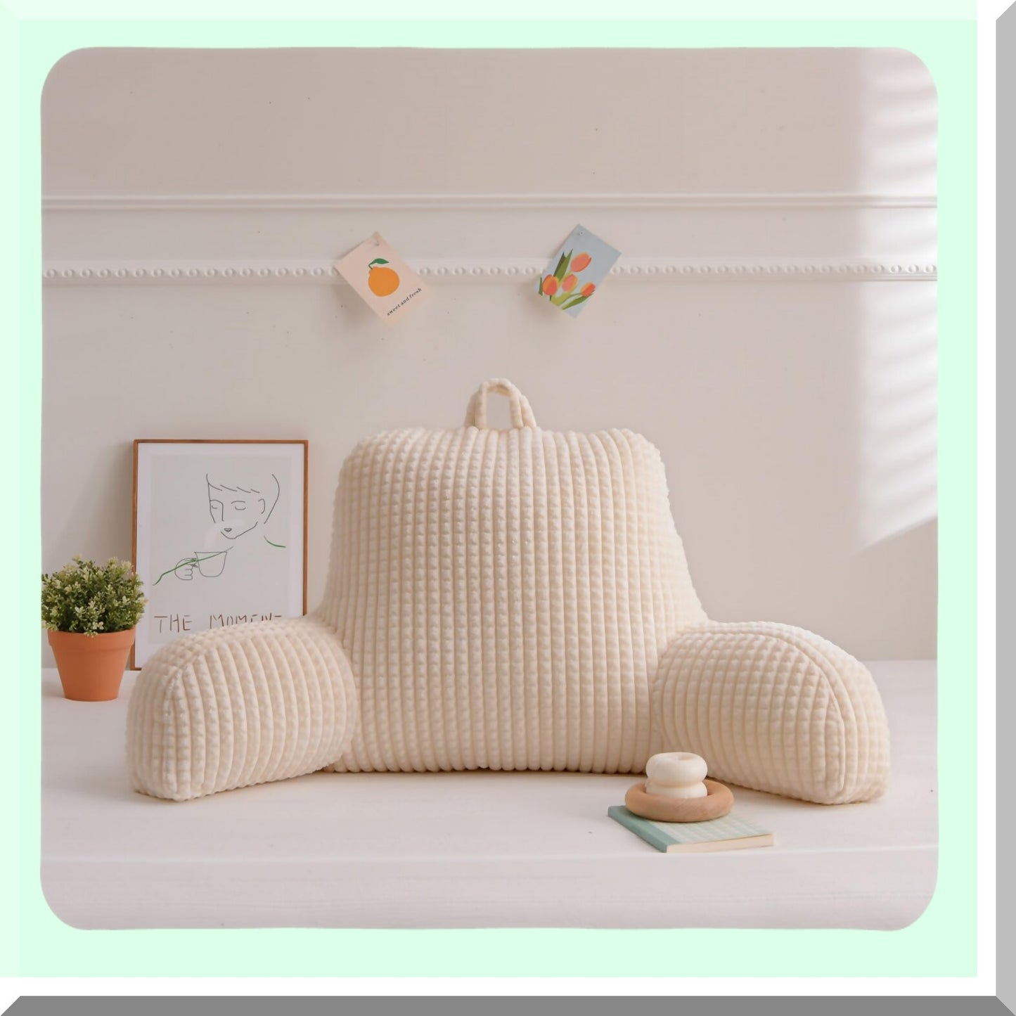 MemoryFoam Rest Pillow - Comfy Bed Chair Cushion with Pockets for Reading & Relaxing. Supportive Back Pillow for Sitting in Bed. White Armchair Pillow.