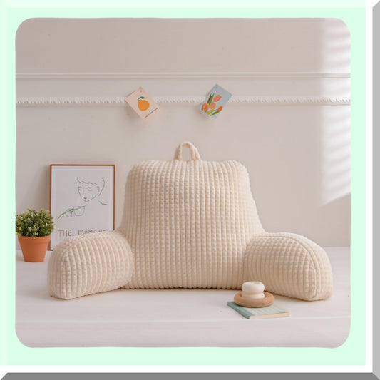 MemoryFoam Rest Pillow - Comfy Bed Chair Cushion with Pockets for Reading & Relaxing. Supportive Back Pillow for Sitting in Bed. White Armchair Pillow.