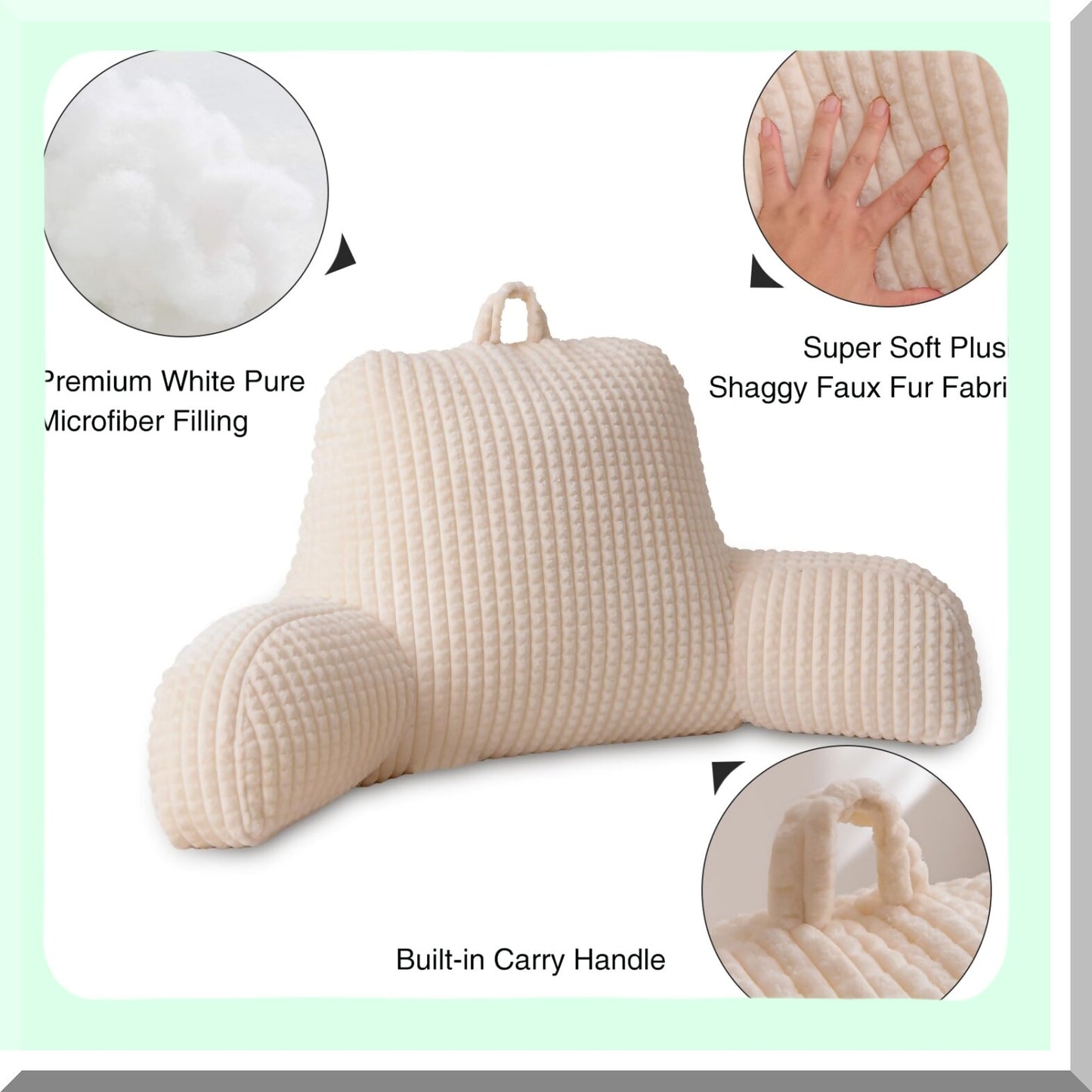 MemoryFoam Rest Pillow - Comfy Bed Chair Cushion with Pockets for Reading & Relaxing. Supportive Back Pillow for Sitting in Bed. White Armchair Pillow.