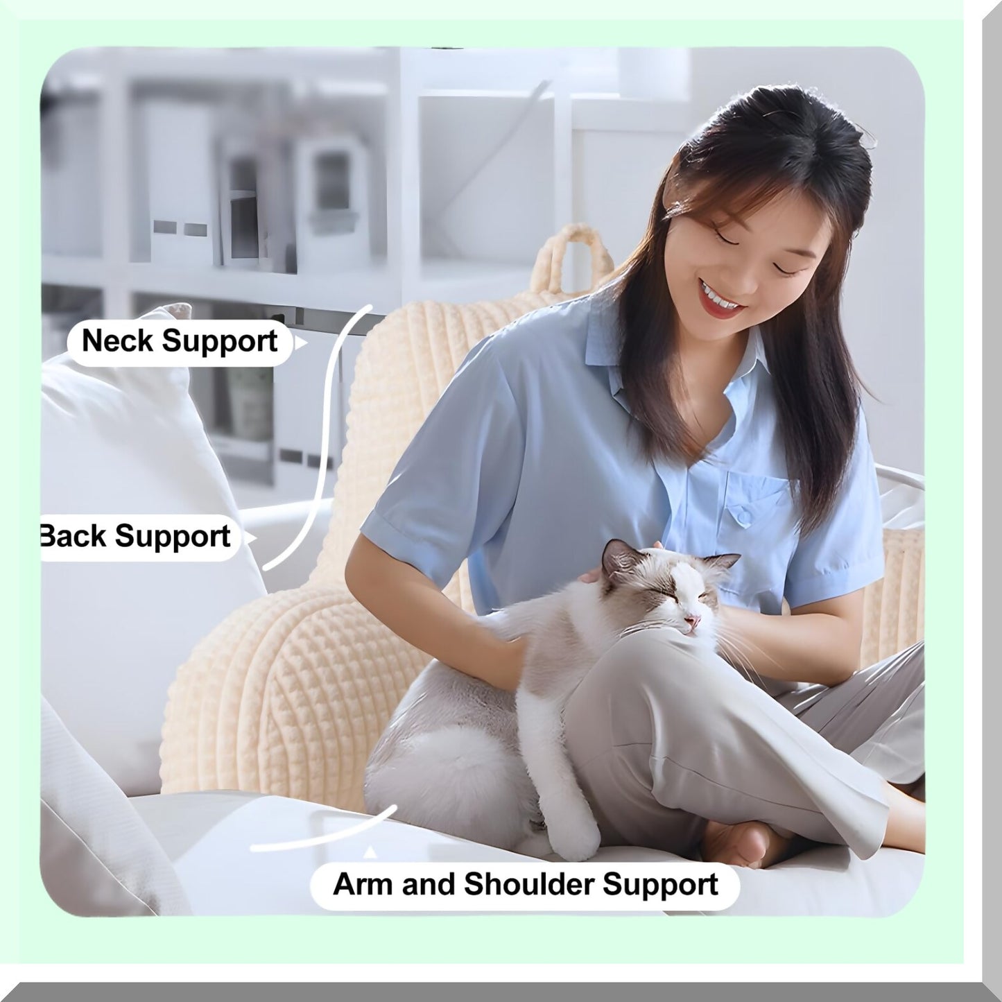 MemoryFoam Rest Pillow - Comfy Bed Chair Cushion with Pockets for Reading & Relaxing. Supportive Back Pillow for Sitting in Bed. White Armchair Pillow.