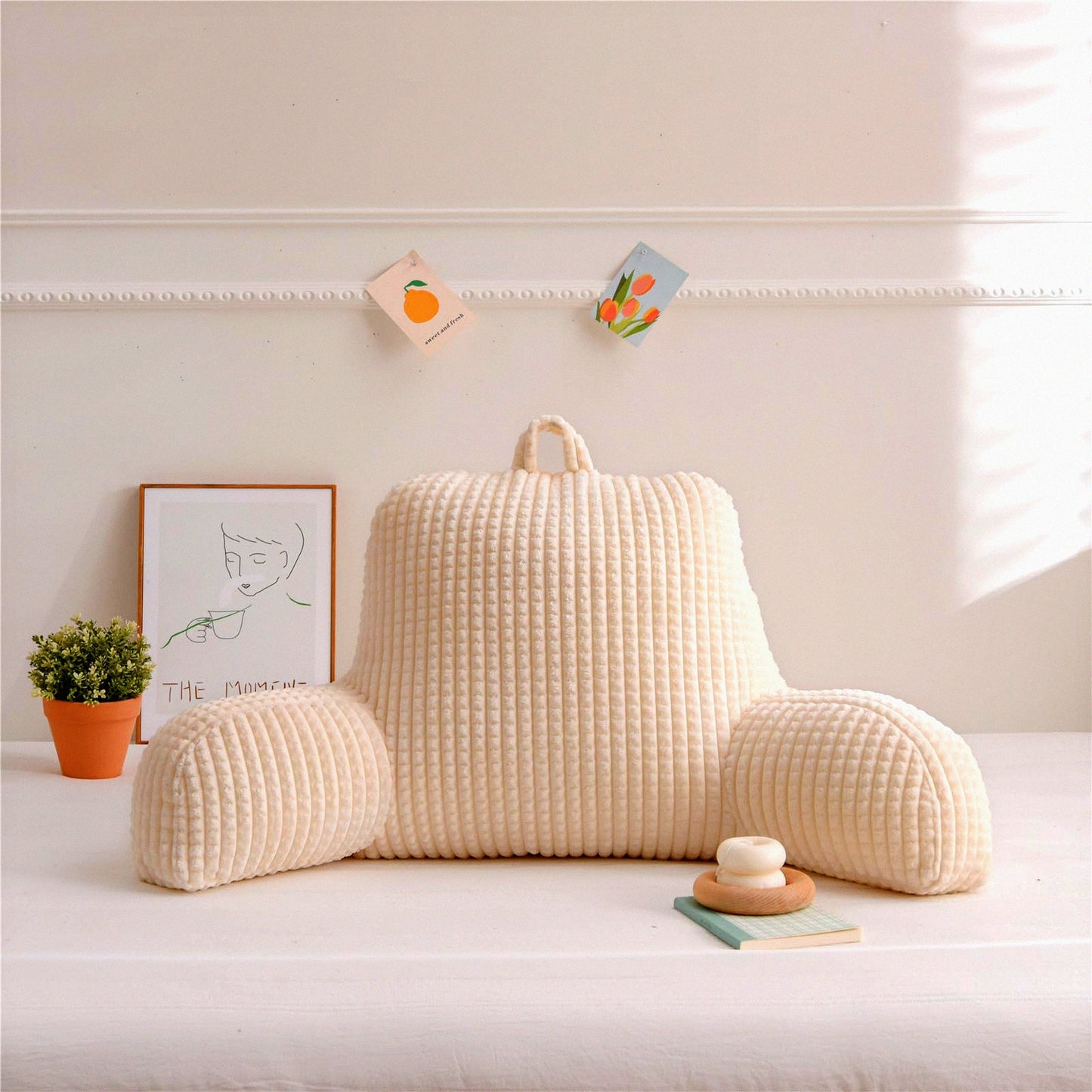 MemoryFoam Rest Pillow - Comfy Bed Chair Cushion with Pockets for Reading & Relaxing. Supportive Back Pillow for Sitting in Bed. White Armchair Pillow.