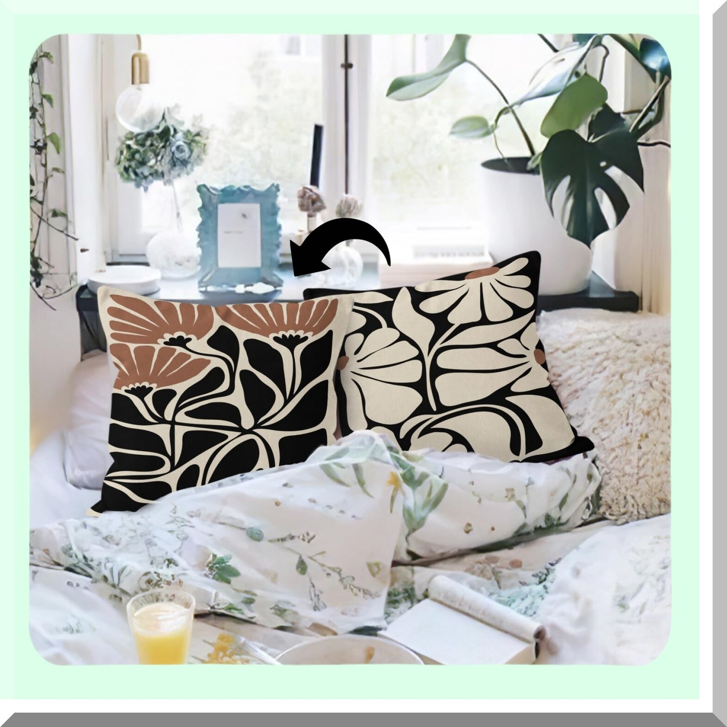 Floral Botanical Boho Pillow Covers - Abstract Bohemian Plant Decor - Reversible Throw Pillowcase for Girls Room - Neutral Sofa Bed Home Decor 18x18