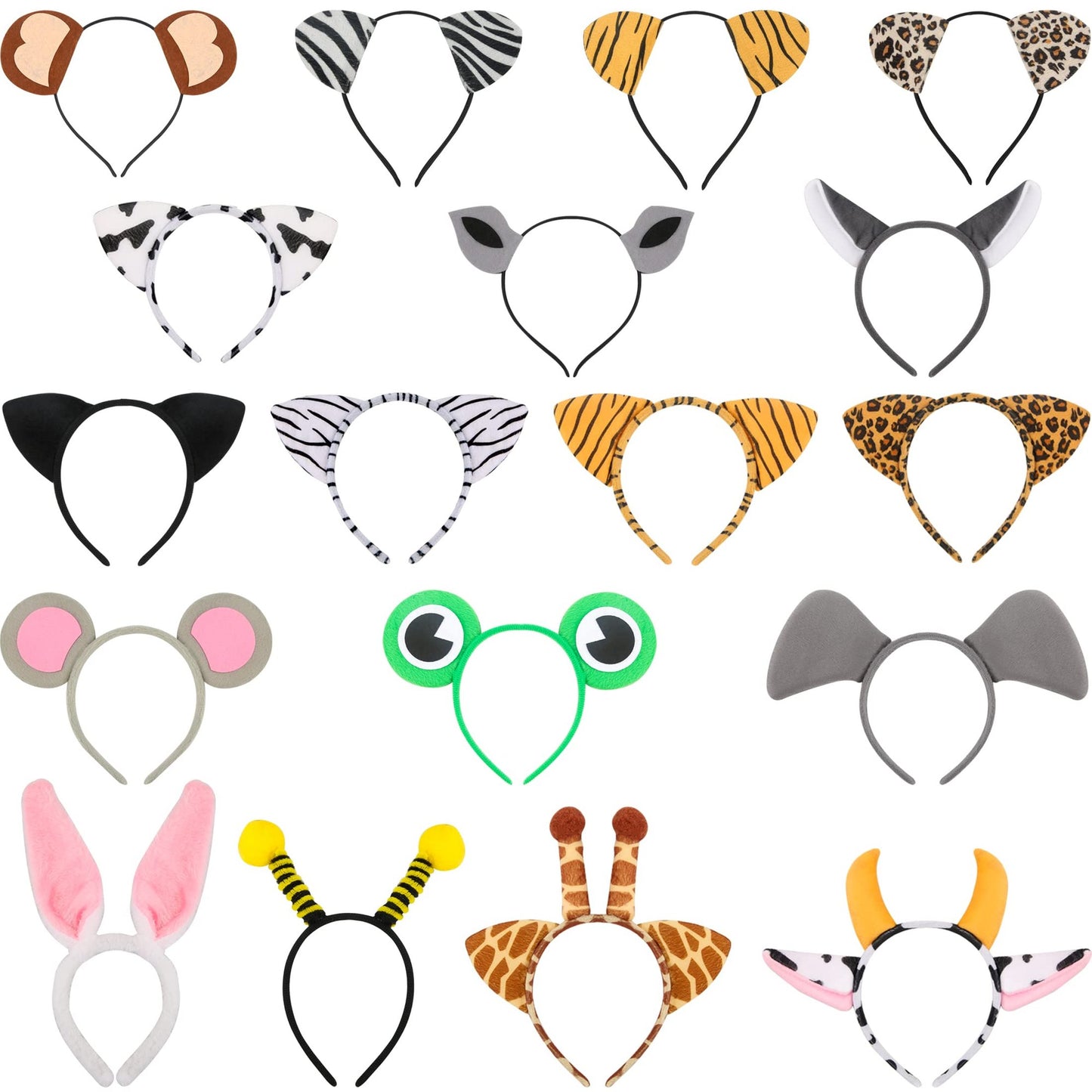 Jungle Safari Animal Ears Headband Pack - Bunny Tiger Mouse Cat Cow Bee Hair Hoop Set for Kids & Adults - Birthday Party Supply Theme Pack