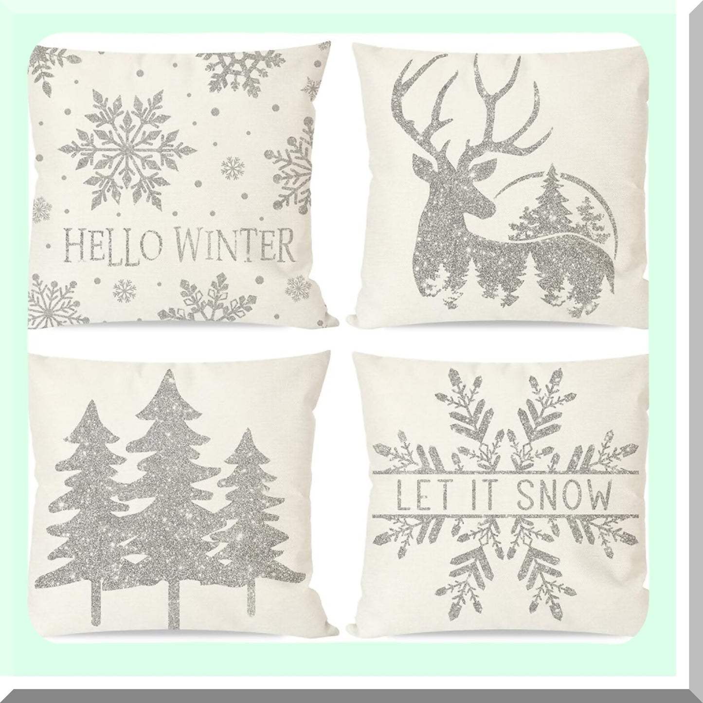 Winter Wonderland Pillow Covers - Set of 4 Snowflake Reindeer Tree Decorative Throw Pillow Cases 18x18 for Couch - Holiday Decorations