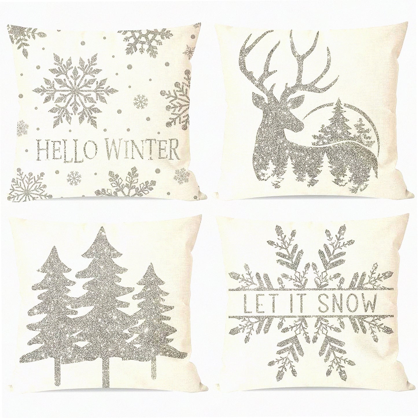 Winter Wonderland Pillow Covers - Set of 4 Snowflake Reindeer Tree Decorative Throw Pillow Cases 18x18 for Couch - Holiday Decorations