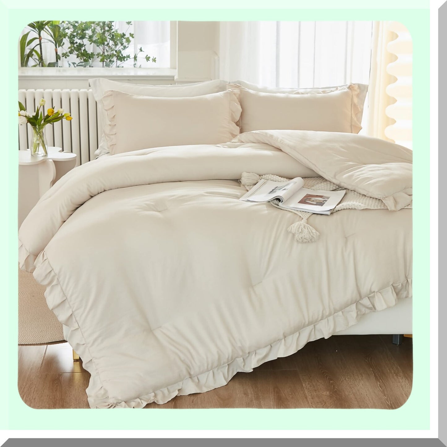 Beige Ruffle Chic Comforter Set - Soft Lightweight Bedding with Fluffy Cream Accents - All Season 3 Piece Bed Set with 2 Pillowcases - 104x96In Comforter