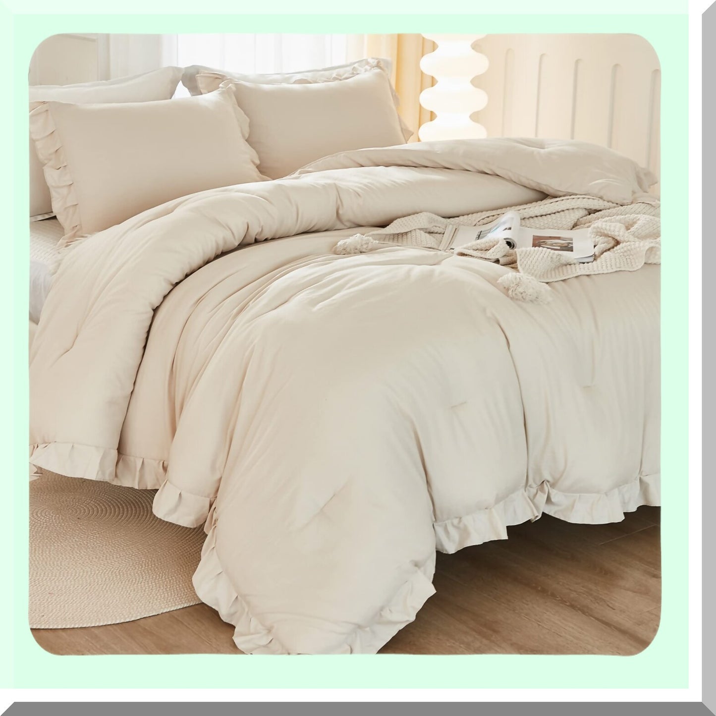 Beige Ruffle Chic Comforter Set - Soft Lightweight Bedding with Fluffy Cream Accents - All Season 3 Piece Bed Set with 2 Pillowcases - 104x96In Comforter