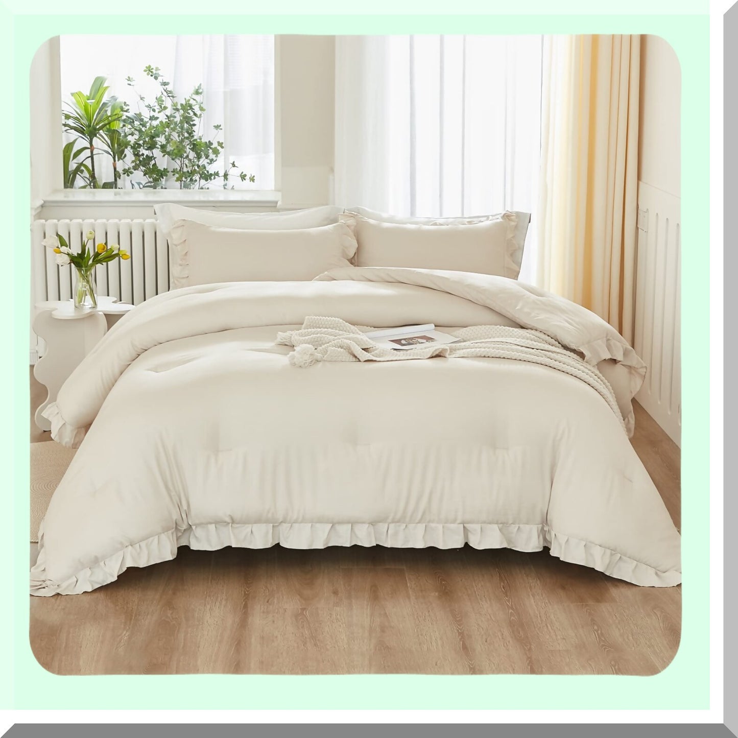 Beige Ruffle Chic Comforter Set - Soft Lightweight Bedding with Fluffy Cream Accents - All Season 3 Piece Bed Set with 2 Pillowcases - 104x96In Comforter