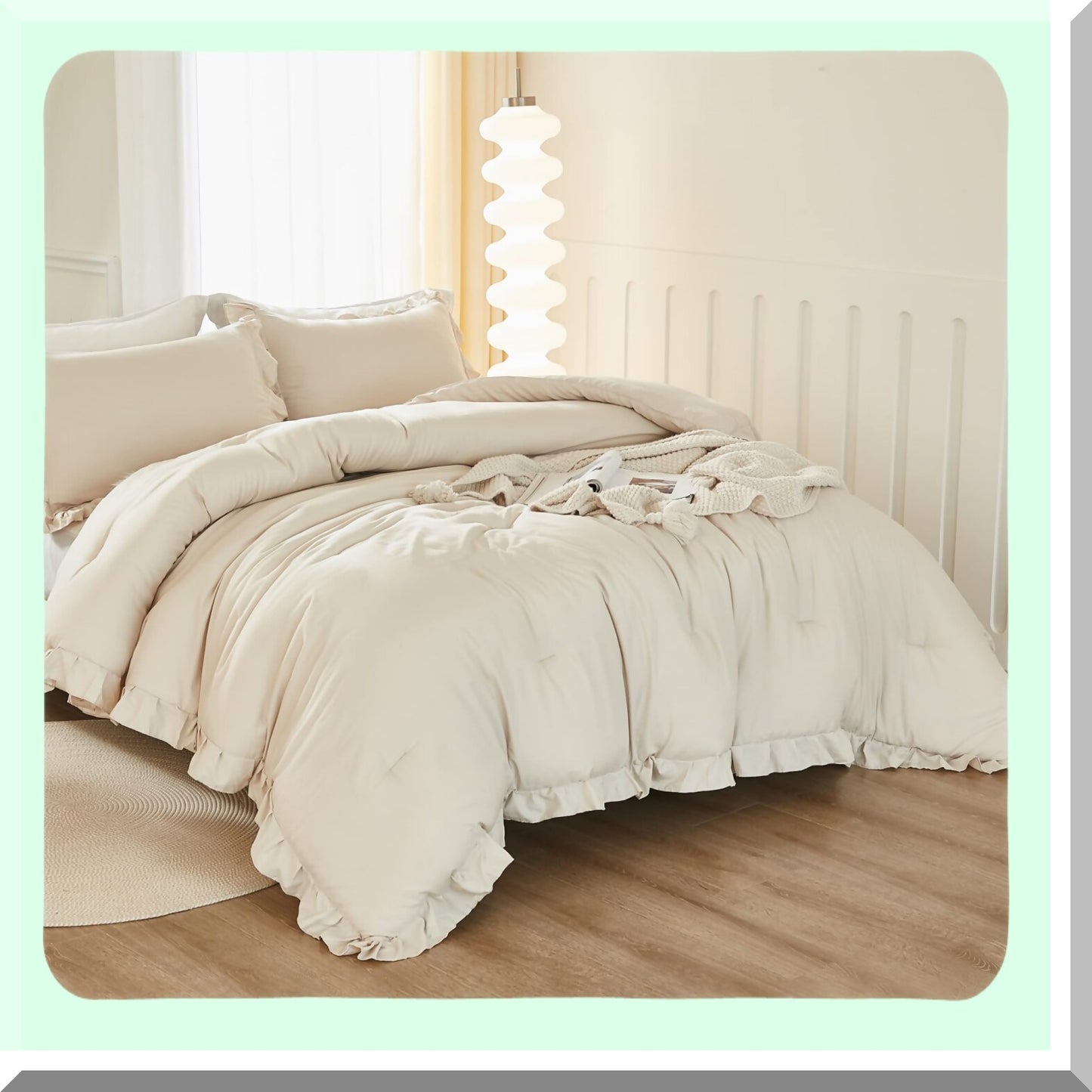 Beige Ruffle Chic Comforter Set - Soft Lightweight Bedding with Fluffy Cream Accents - All Season 3 Piece Bed Set with 2 Pillowcases - 104x96In Comforter