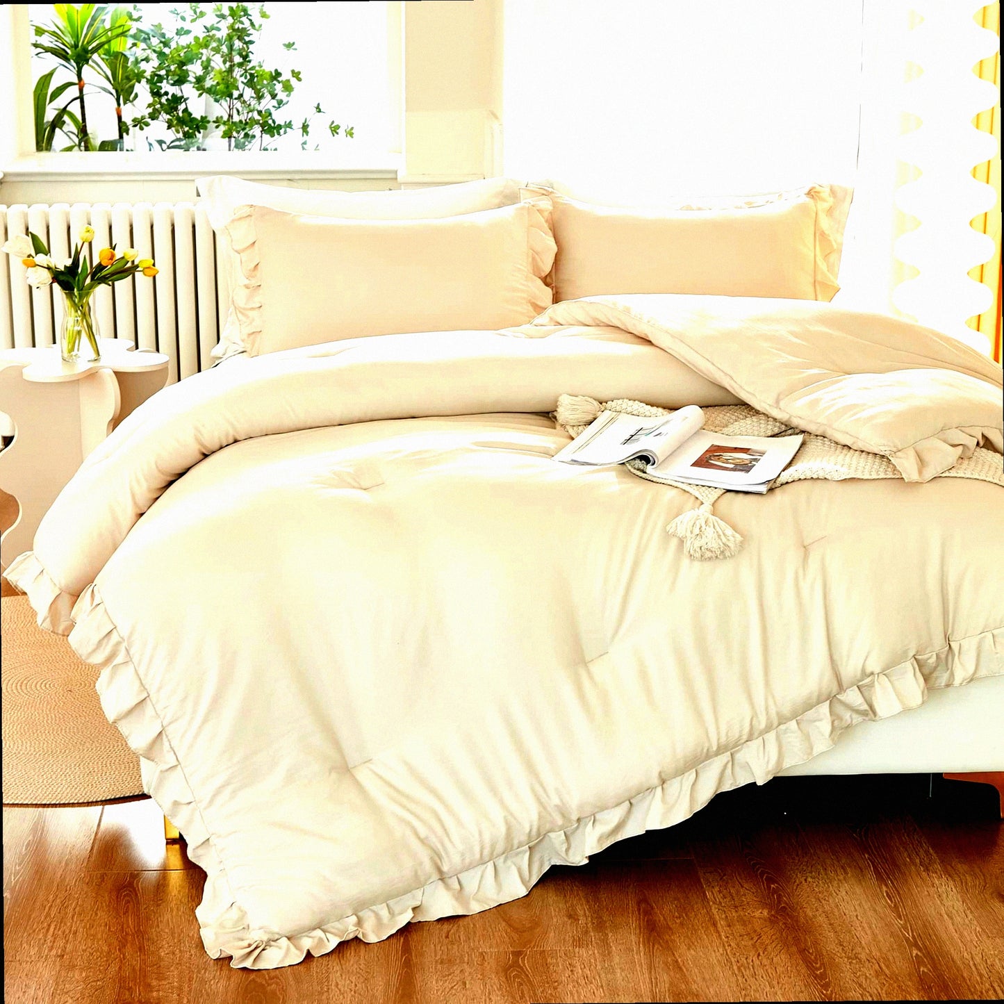 Beige Ruffle Chic Comforter Set - Soft Lightweight Bedding with Fluffy Cream Accents - All Season 3 Piece Bed Set with 2 Pillowcases - 104x96In Comforter
