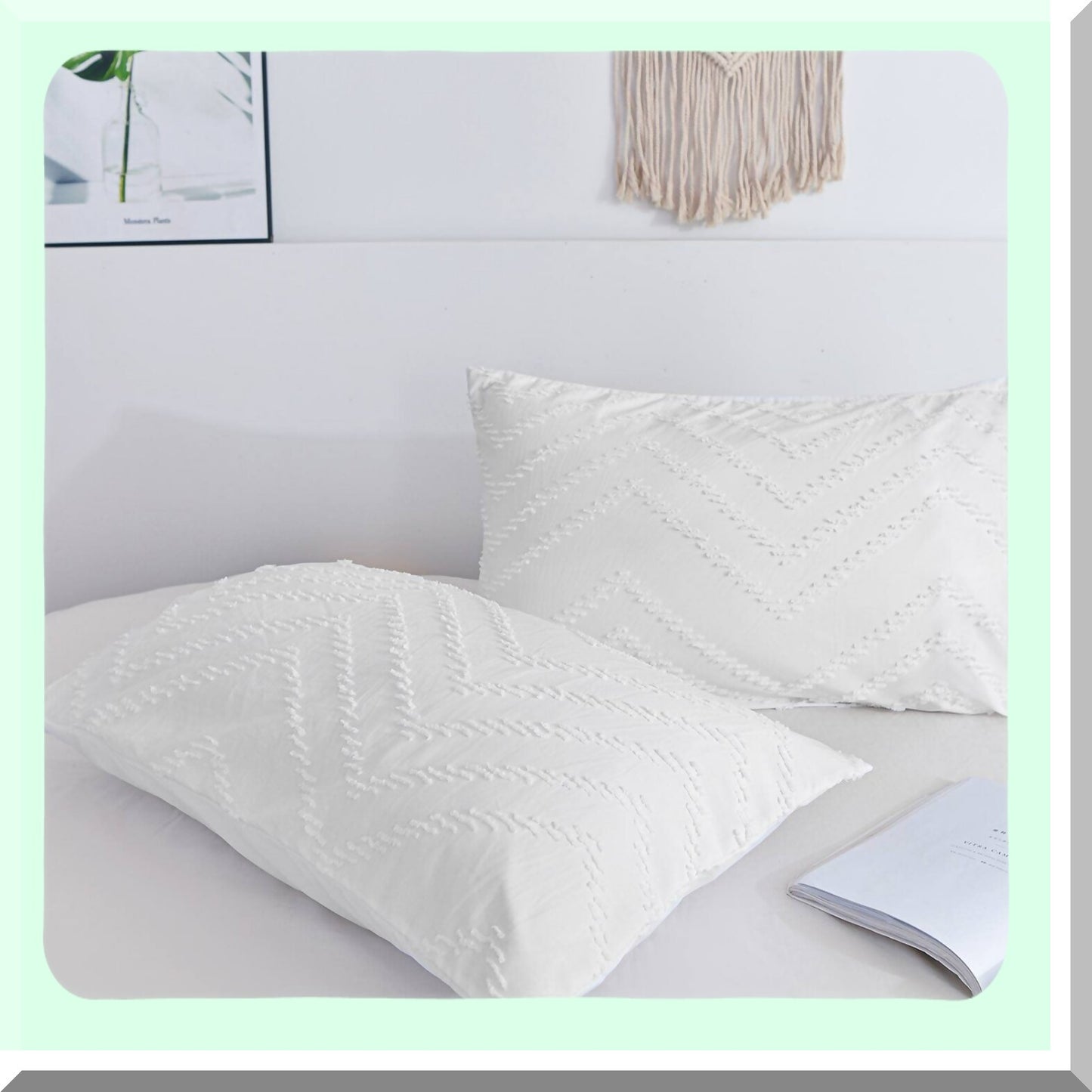 Boho Chic Jacquard Pillow Shams Set - Soft White Tufted Microfiber Covers for Queen Bed - Modern Comfortable Home Hotel Decor - 20 x 30 inch - Men Women