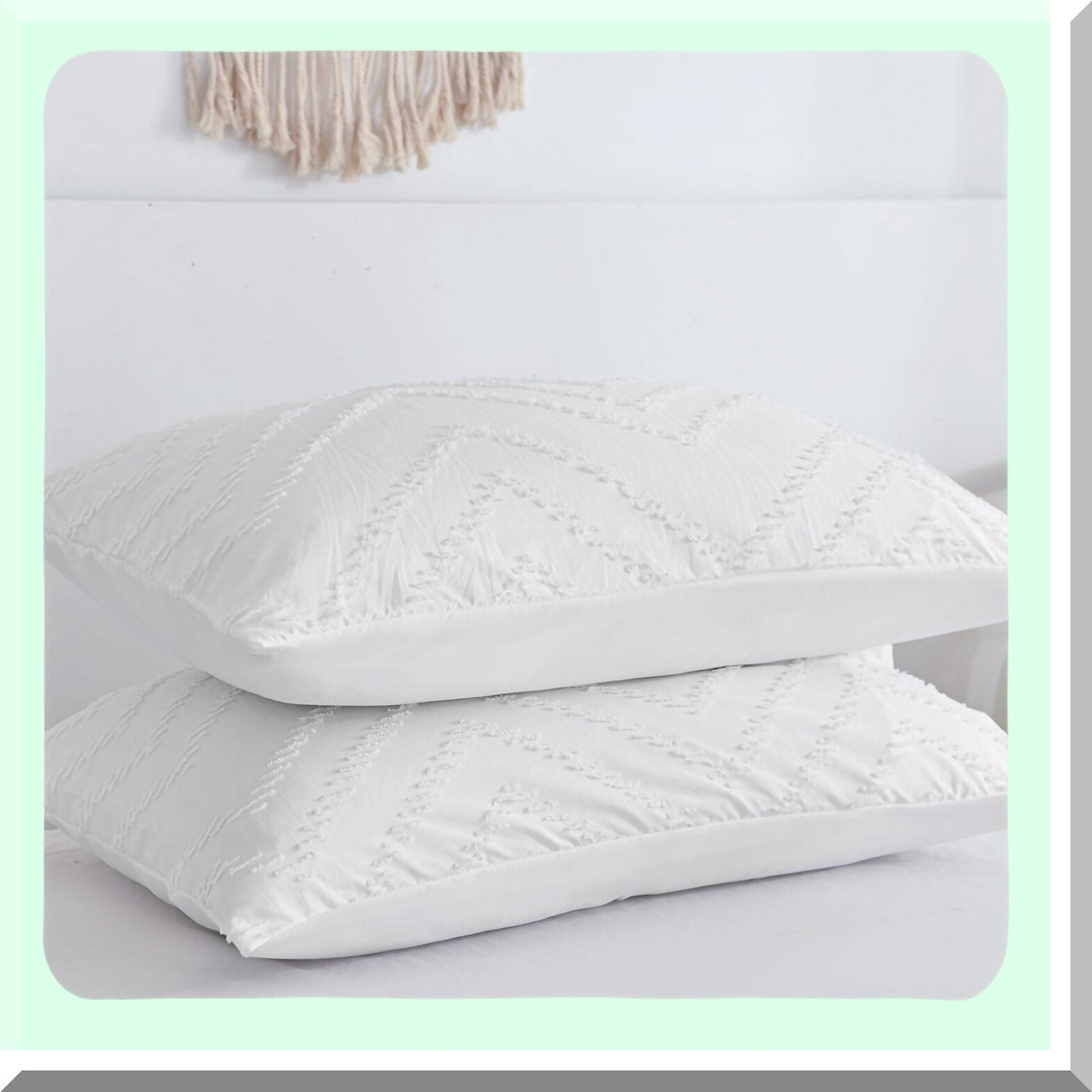 Boho Chic Jacquard Pillow Shams Set - Soft White Tufted Microfiber Covers for Queen Bed - Modern Comfortable Home Hotel Decor - 20 x 30 inch - Men Women