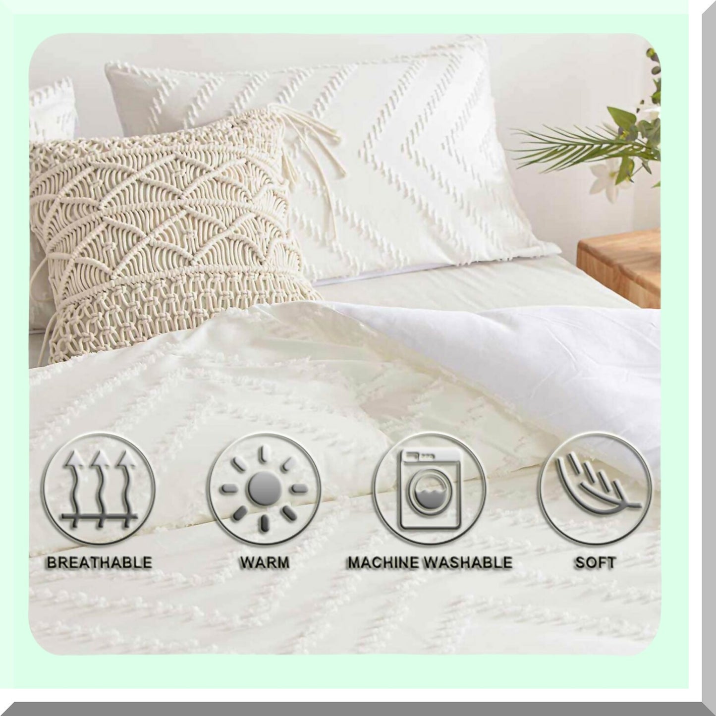 Boho Chic Jacquard Pillow Shams Set - Soft White Tufted Microfiber Covers for Queen Bed - Modern Comfortable Home Hotel Decor - 20 x 30 inch - Men Women