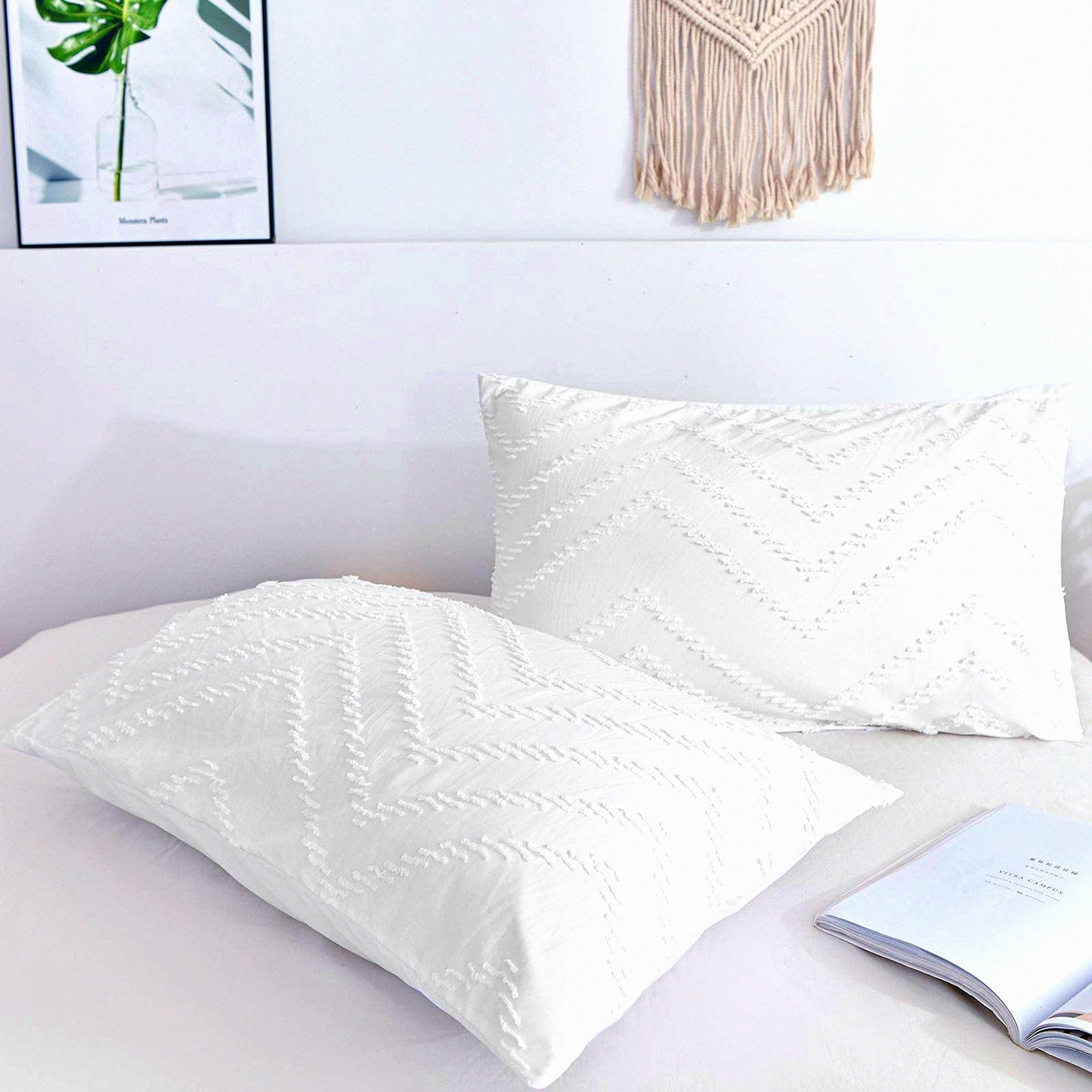 Boho Chic Jacquard Pillow Shams Set - Soft White Tufted Microfiber Covers for Queen Bed - Modern Comfortable Home Hotel Decor - 20 x 30 inch - Men Women