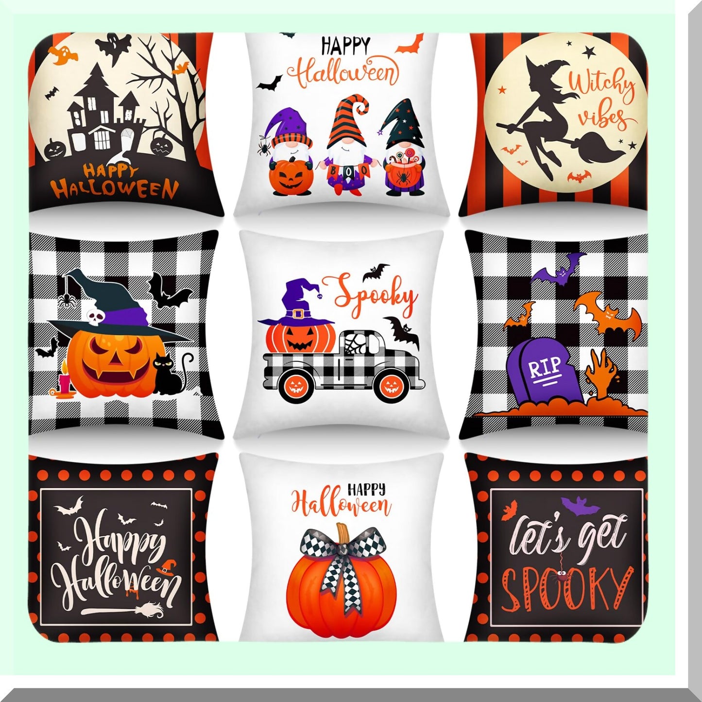 Happy Vibes Spooky Home Decor Pillow Covers - Set of 9, 18 x 18 Inch Cushion Cases for Throw Pillows