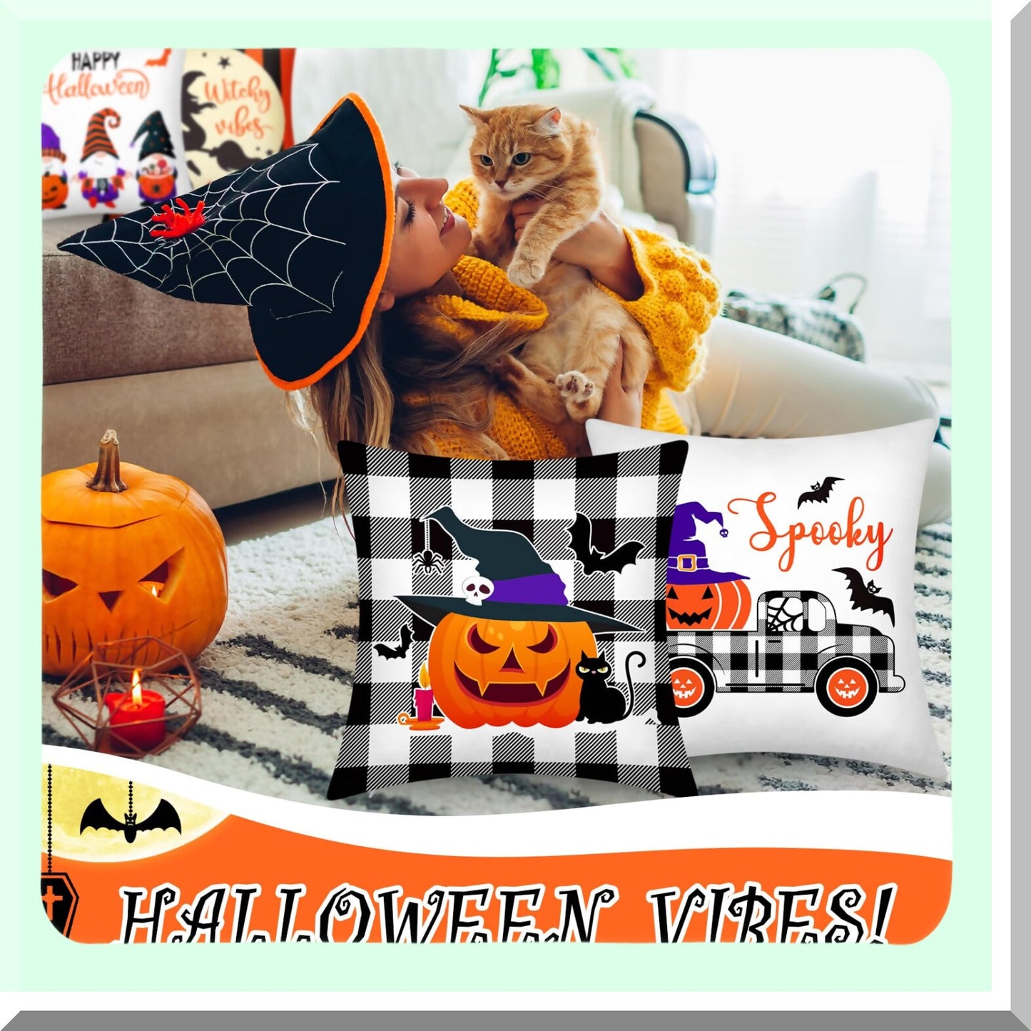 Happy Vibes Spooky Home Decor Pillow Covers - Set of 9, 18 x 18 Inch Cushion Cases for Throw Pillows