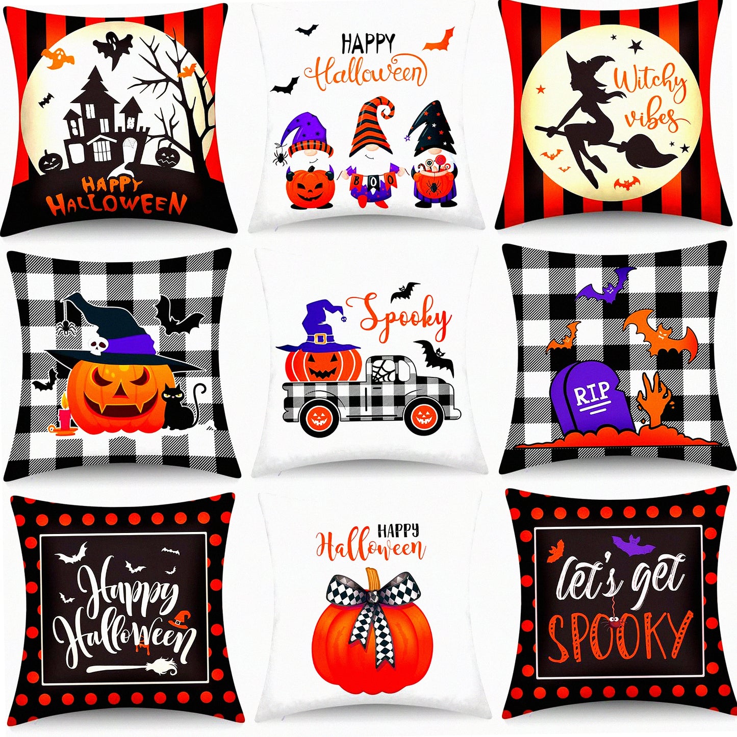 Happy Vibes Spooky Home Decor Pillow Covers - Set of 9, 18 x 18 Inch Cushion Cases for Throw Pillows