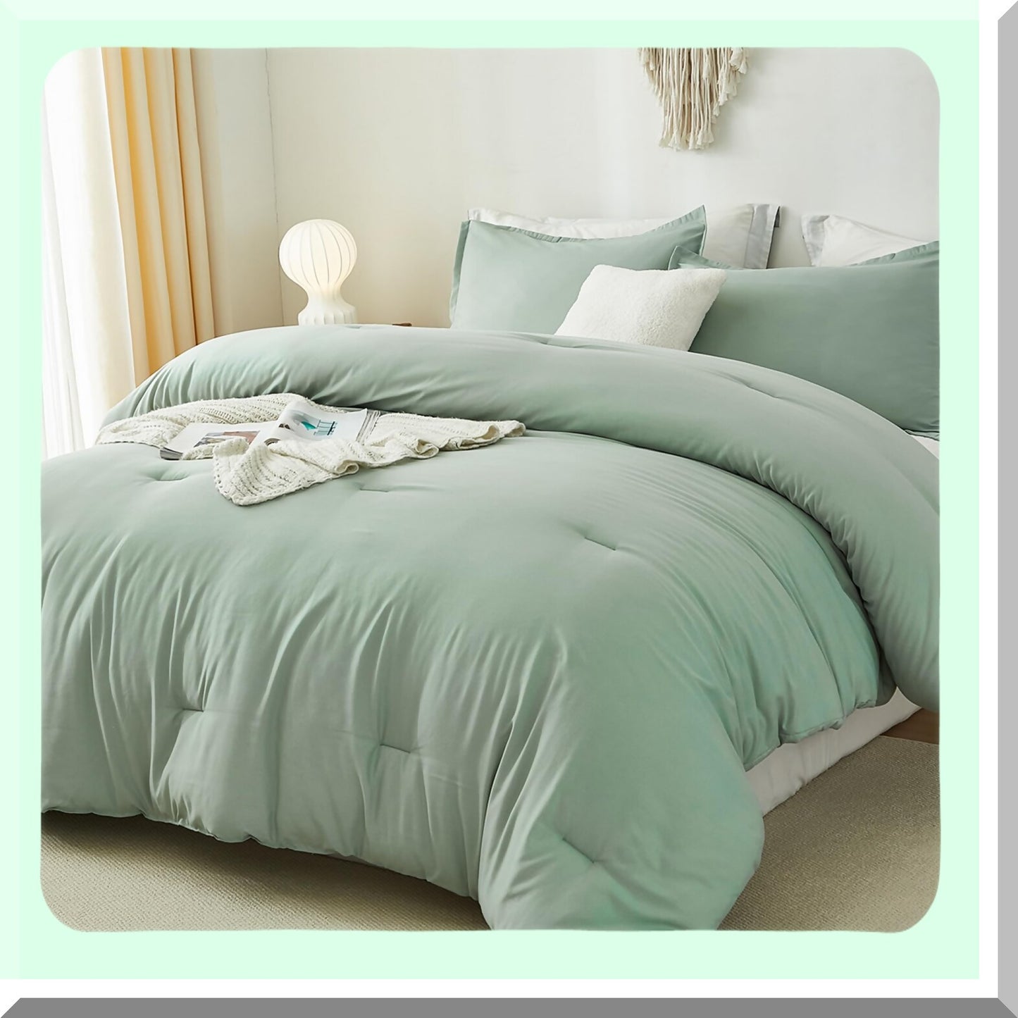 California Dream Sage Green Comforter Set - Lightweight Summer Bedding with Oversized Fluffy Microfiber Material - Soft Solid Color, 3 Piece Set with 2 Pillowcases - 104x96 Inches