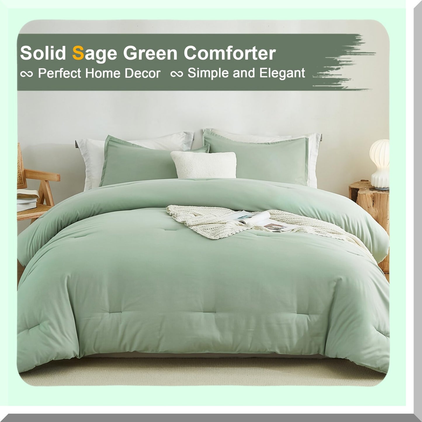 California Dream Sage Green Comforter Set - Lightweight Summer Bedding with Oversized Fluffy Microfiber Material - Soft Solid Color, 3 Piece Set with 2 Pillowcases - 104x96 Inches
