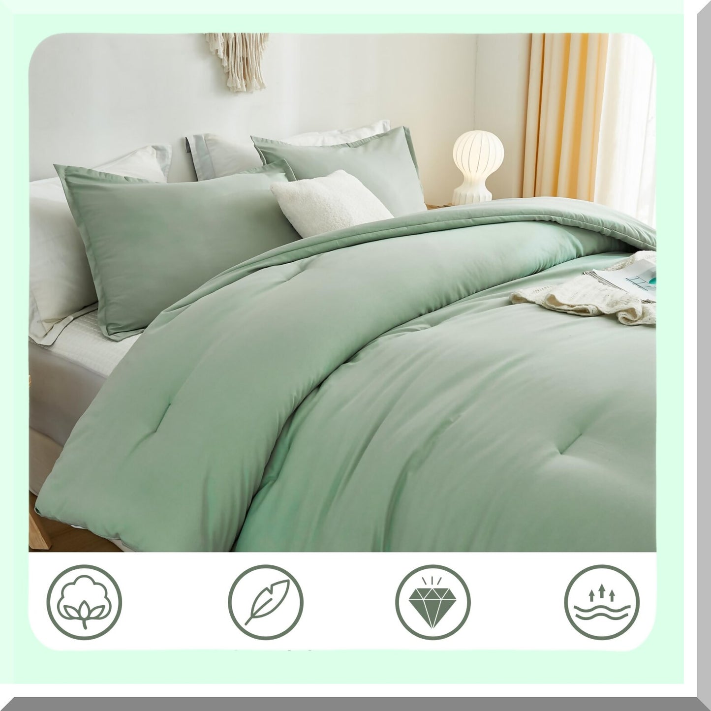 California Dream Sage Green Comforter Set - Lightweight Summer Bedding with Oversized Fluffy Microfiber Material - Soft Solid Color, 3 Piece Set with 2 Pillowcases - 104x96 Inches
