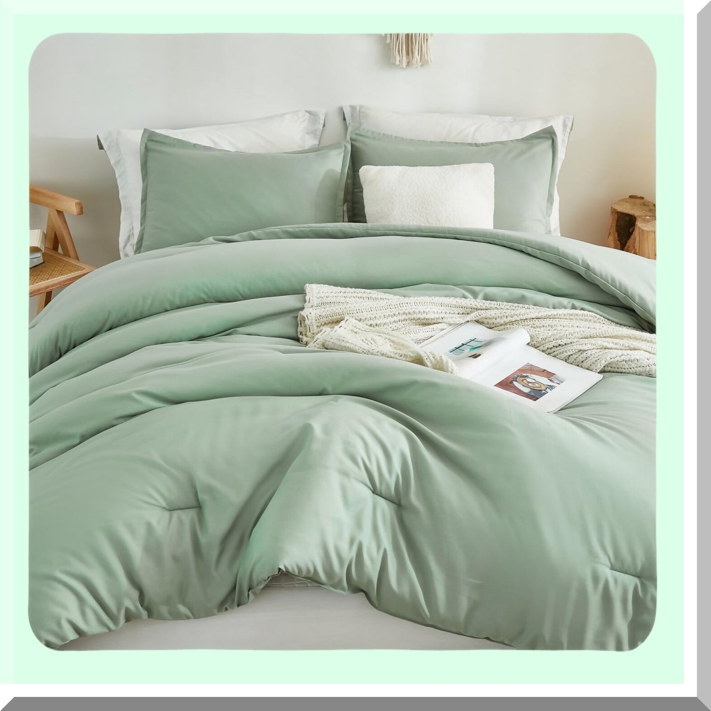California Dream Sage Green Comforter Set - Lightweight Summer Bedding with Oversized Fluffy Microfiber Material - Soft Solid Color, 3 Piece Set with 2 Pillowcases - 104x96 Inches